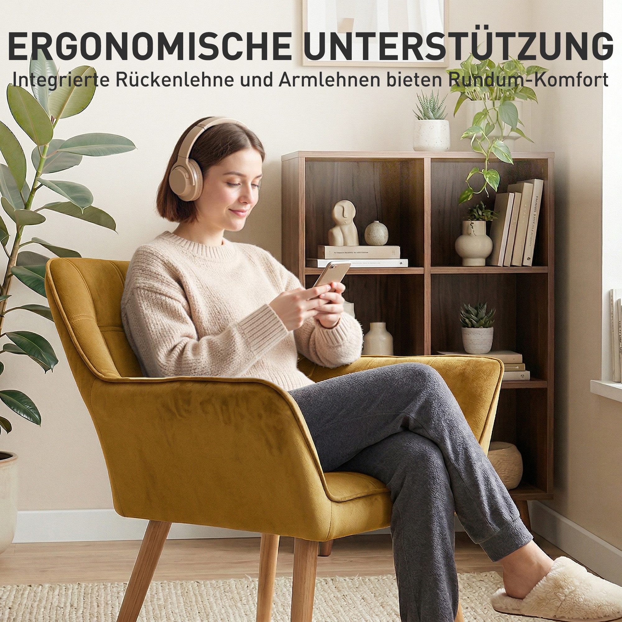 HOMCOM Relaxsessel Sessel mit Gummiholzbeine, Lesesessel Samtoptik, skandinavisch (Esszimmerstuhl, 1-St., Stuhl), für Wohnzimmer, Schlafzimmer, Gelb – Bild 5 von 5