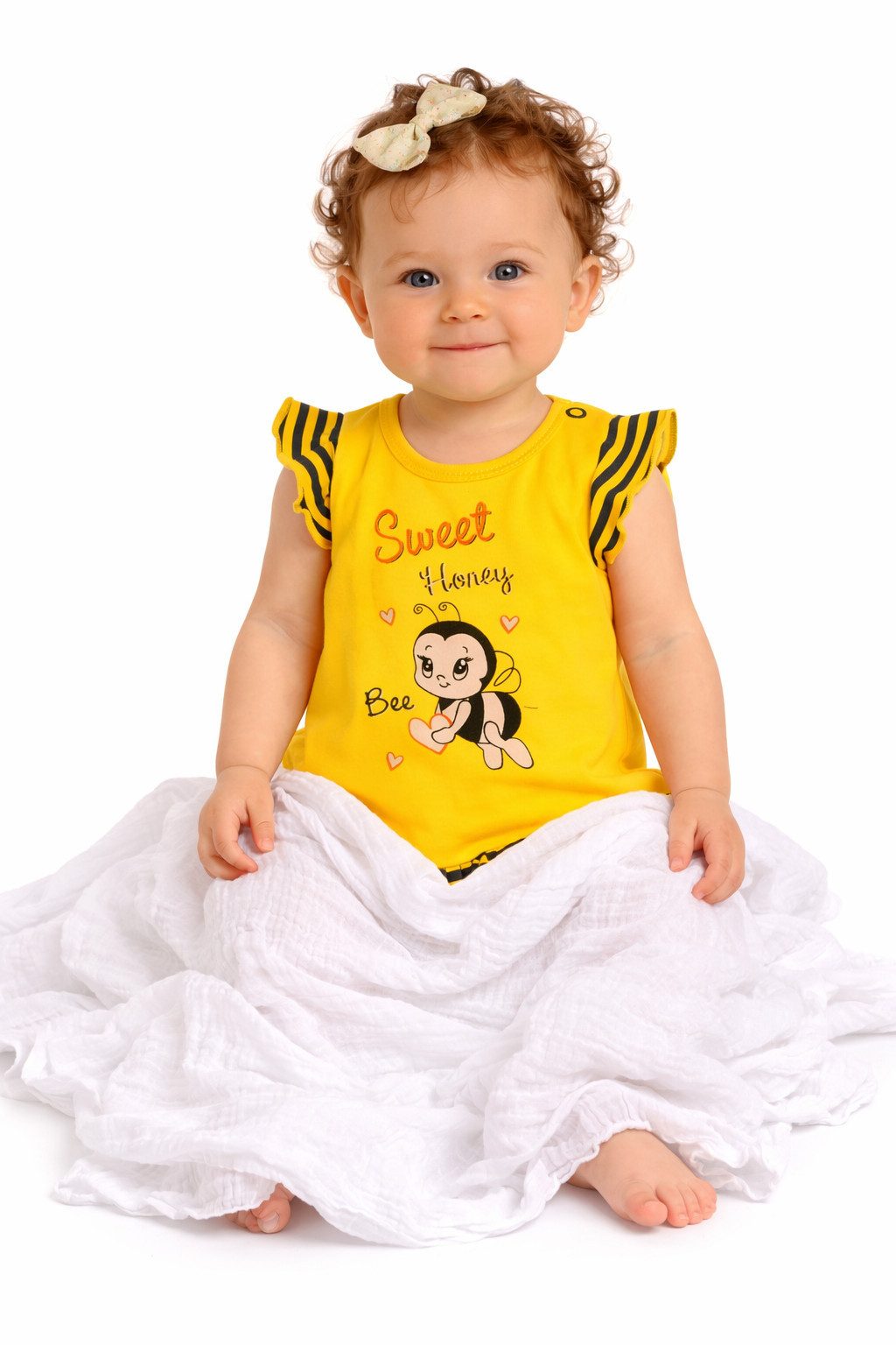 La Bortini Spieler Baby Bodykleid kurzer Strampler in Gelb gestreift mit Biene aus reiner Baumwolle, 44 50 56 62 68 74 80 86