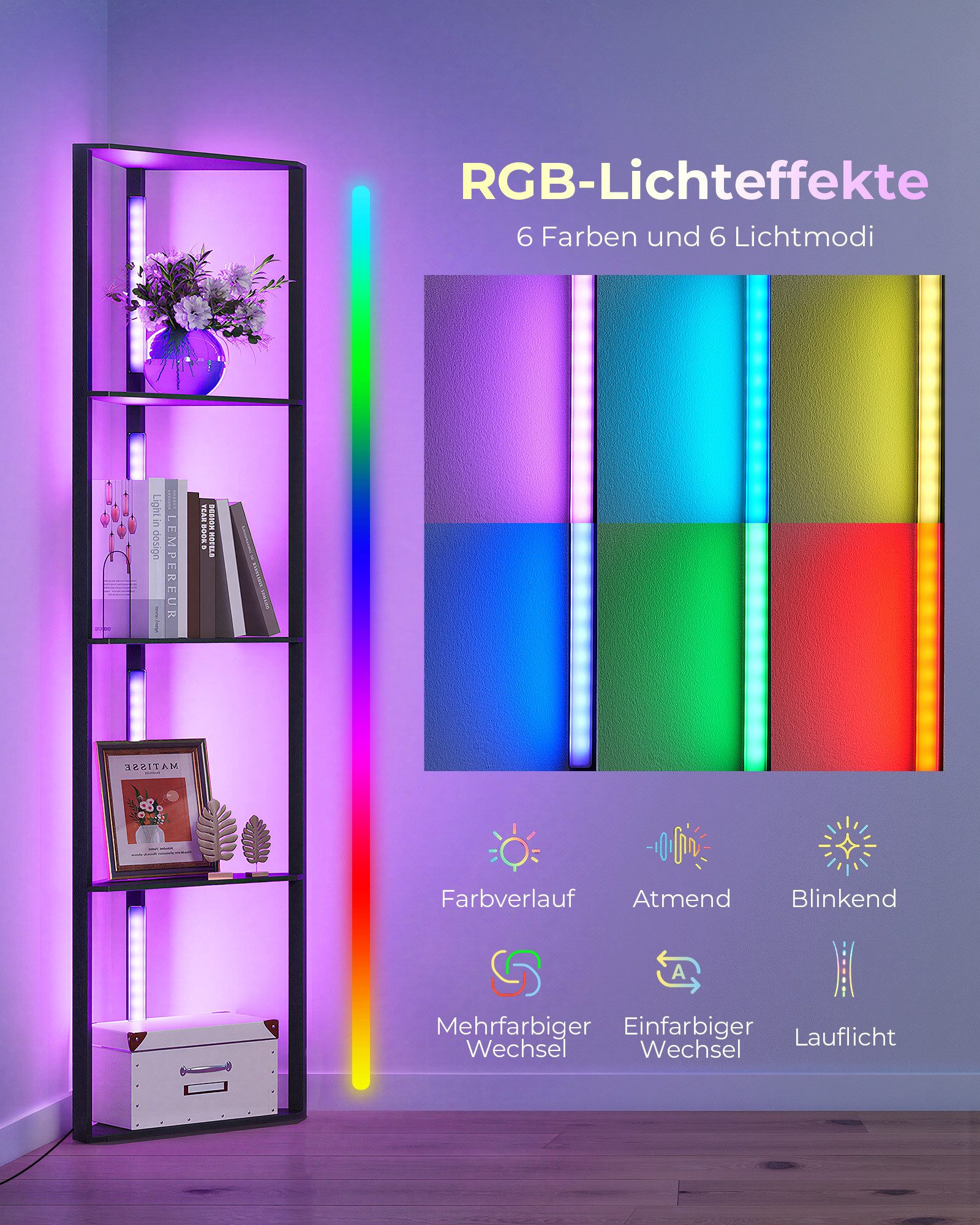 EDISHINE Stehlampe Wohnzimmer Dimmbar, Standleuchte mit Ablage, LED fest integriert, Eckregal mit RGB, Standregal mit Beleuchtung, Wohnzimmer Deko