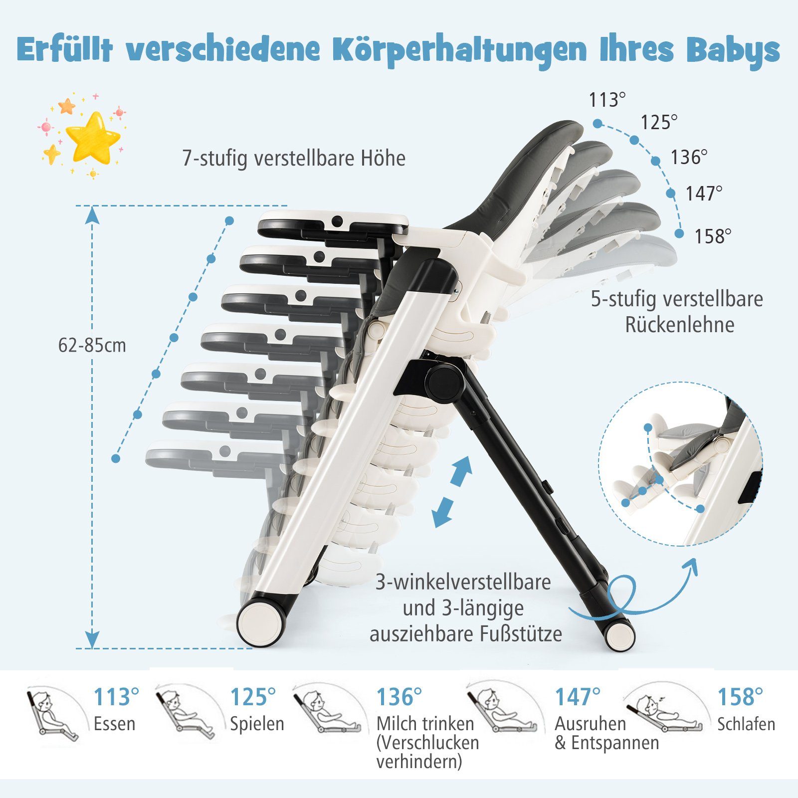 COSTWAY Hochstuhl, klappbar, mit verstellbarer Rückenlehne günstig online kaufen