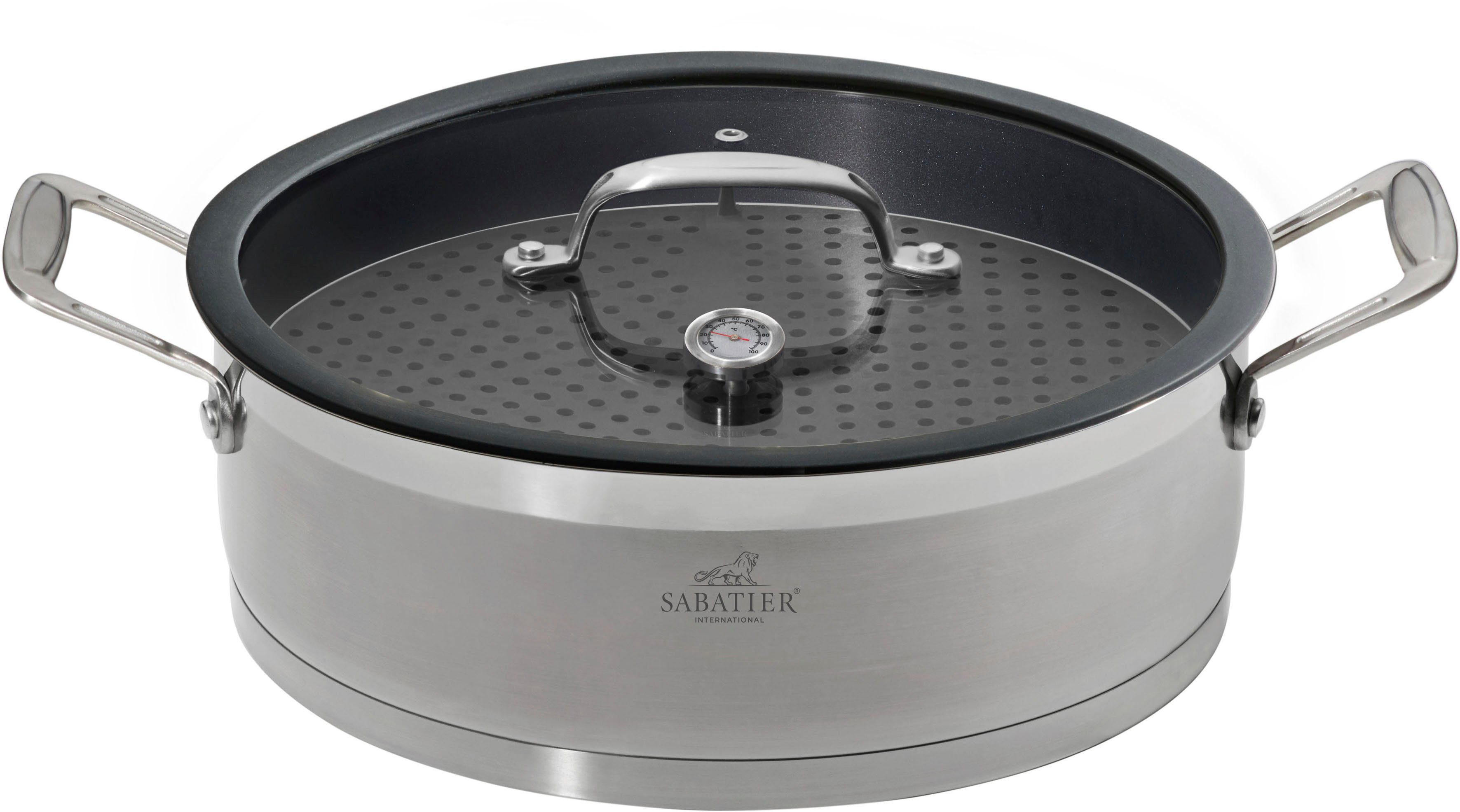 SABATIER International Servierpfanne, Edelstahl 18/10 (4-tlg., 1xDampfgarer, 1xGarrost, 1xEinleger, 1xGlasdeckel mit Dampfauslass), Teflon™ Antihaft, Induktion, Ø28cm, inkl. Rost, Silikoneinlage&Deckel