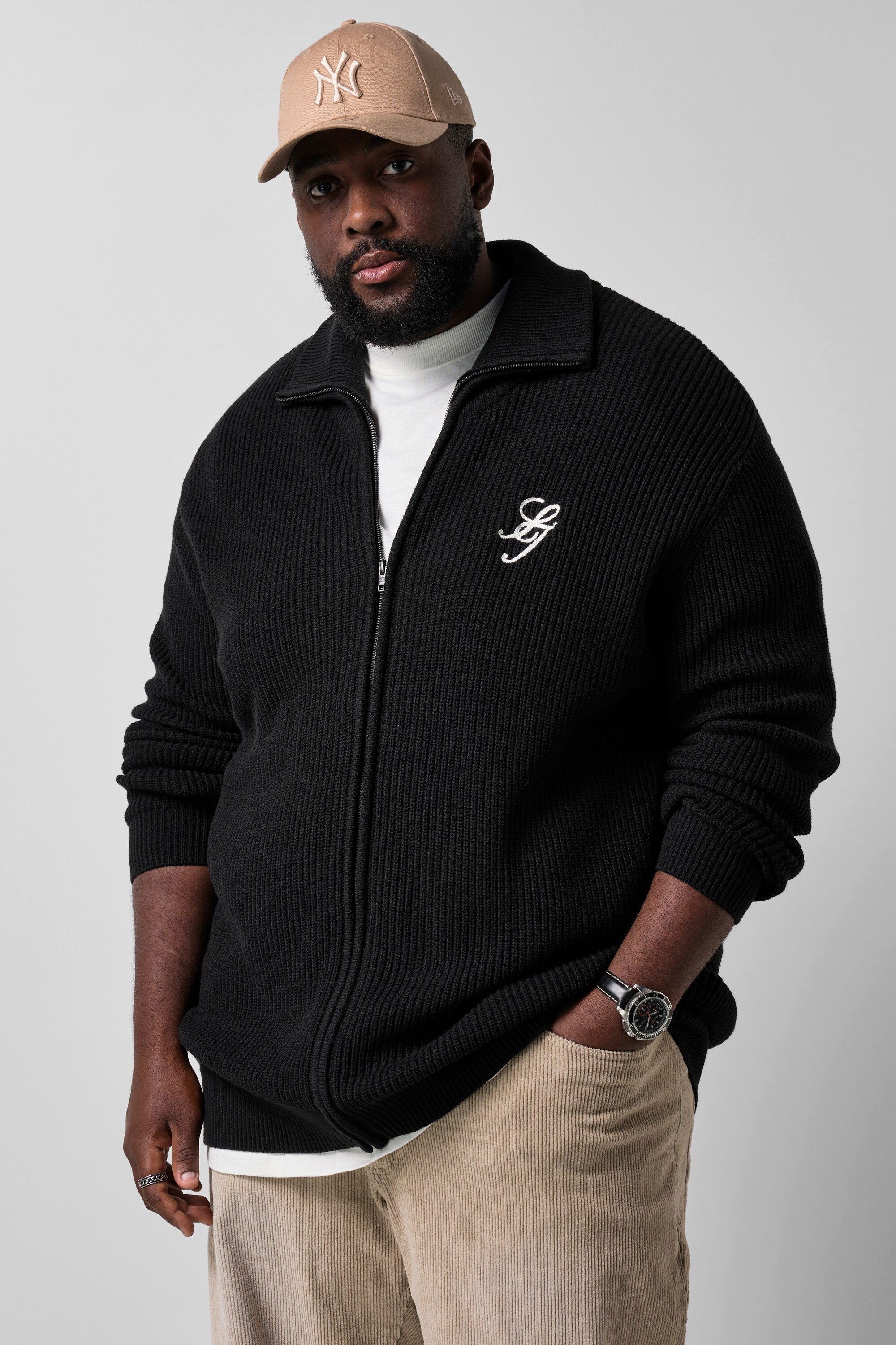 STHUGE Poloshirt Strickjacke oversized Rippstrick Stehkragen Zipper