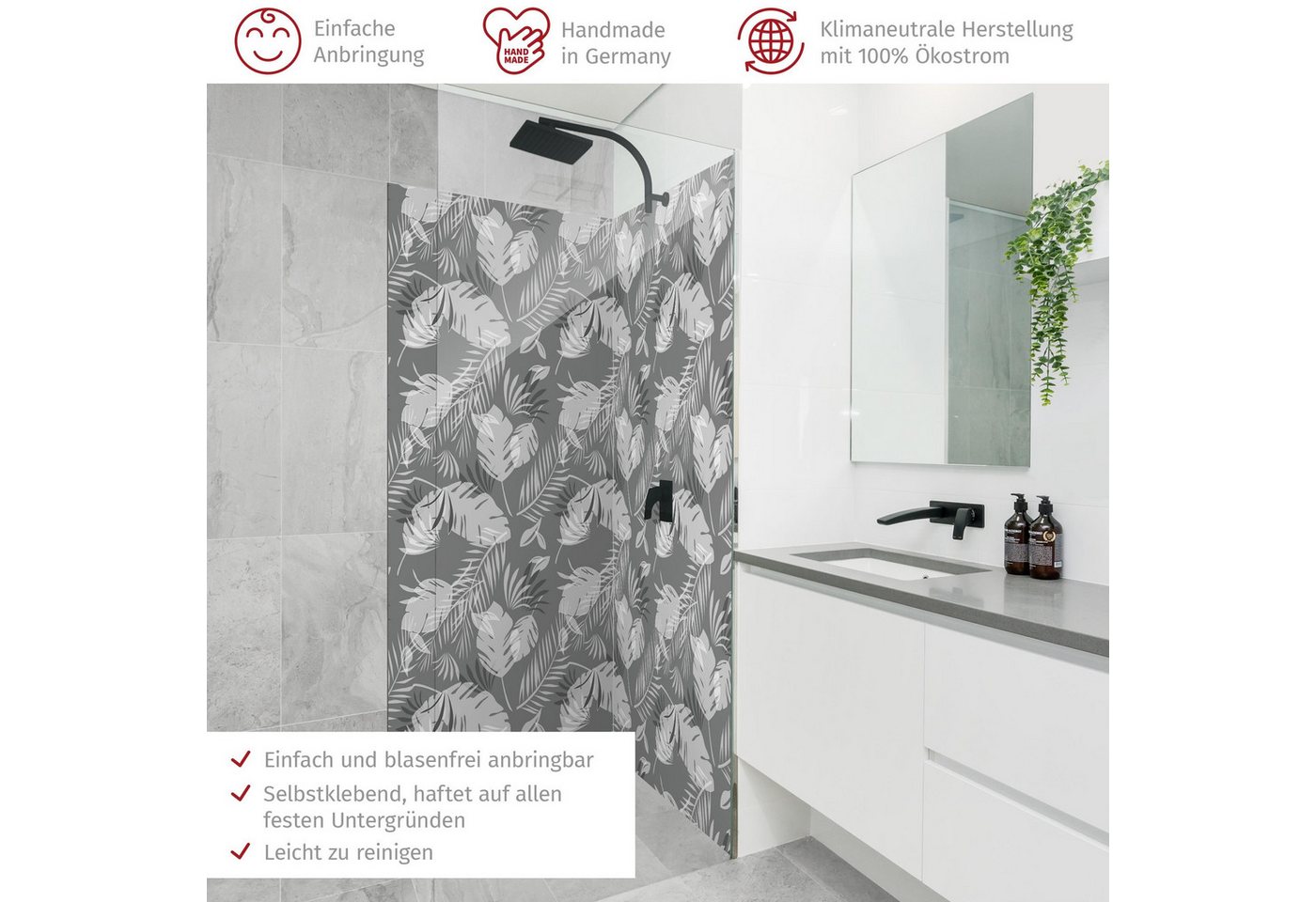 Thumbnail - Bilderdepot24 Badrückwand Muster grau Duschrückwand ohne Bohren Dusche Tropisch, (2-tlg., Hart-Folie Premium matt 0,61 m...