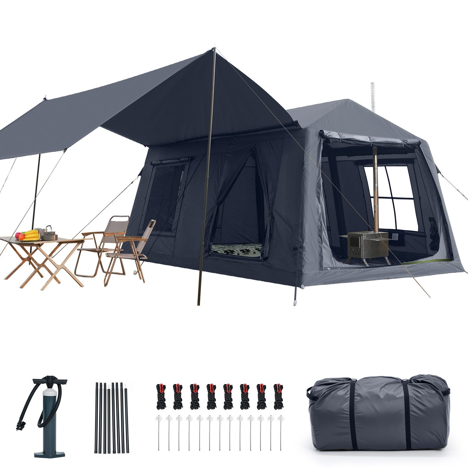 Meulbaty aufblasbares Zelt Air Glamping Zelte, Gampingzelt aus wasserdichtem Oxford-Stoff, Personen: 8 (1 tlg), mit aufrollbarem Trennvorhang & 4 großzügigen Belüftungsfenstern