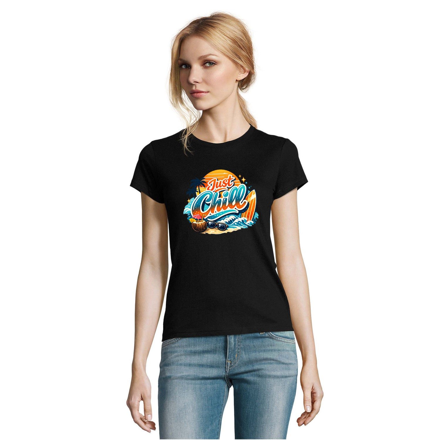 Blondie & Brownie T-Shirt Just Chill Damen Tee Sommermotiv Frontprint Baumwollshirt Rundhals (Einzelstück, Einzelartikel) Just Chill Damen Tee Strandgefühl Printshirt