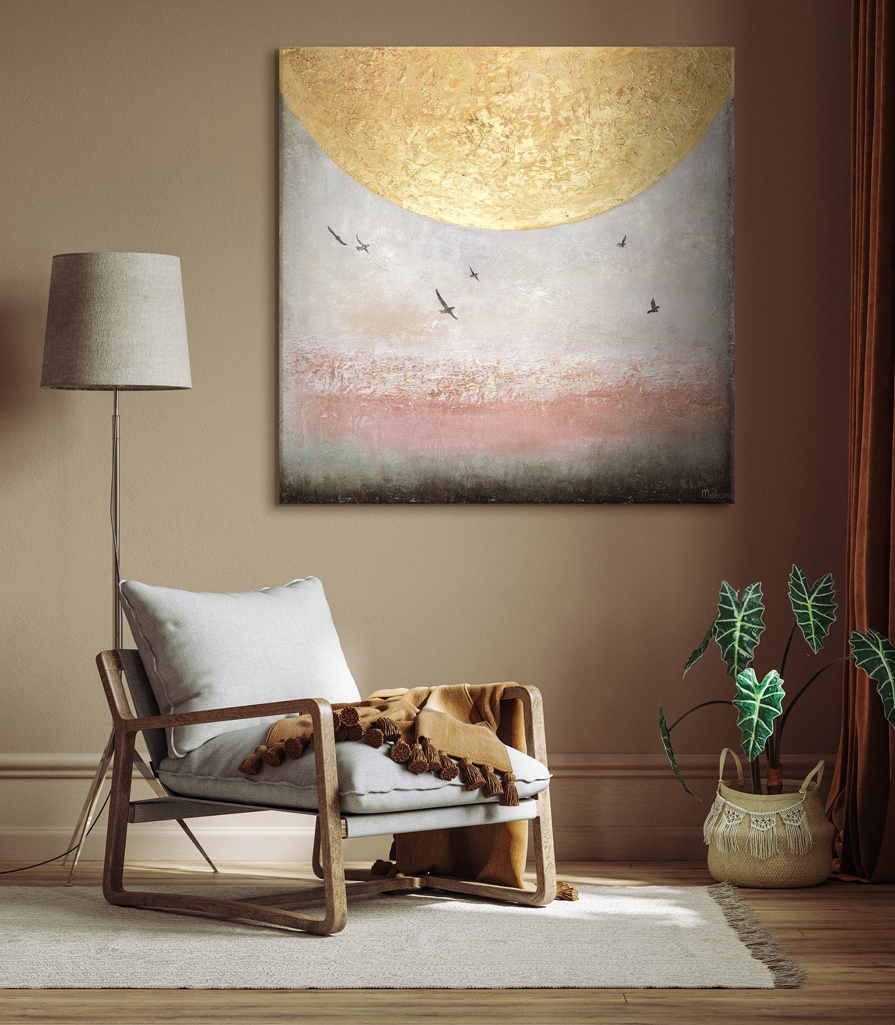 Ohne Goldene Bild Gemälde Abstrakt Leinwand Landschaft, Vögel Handgemalt Sonne II, YS-Art Sonnenenergie Schattenfugenrahmen