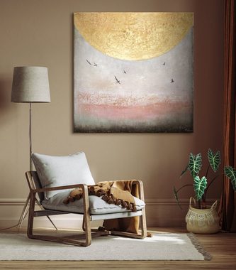 YS-Art Gemälde Sonnenenergie II, Landschaft, Leinwand Bild Handgemalt Goldene Sonne Vögel Abstrakt