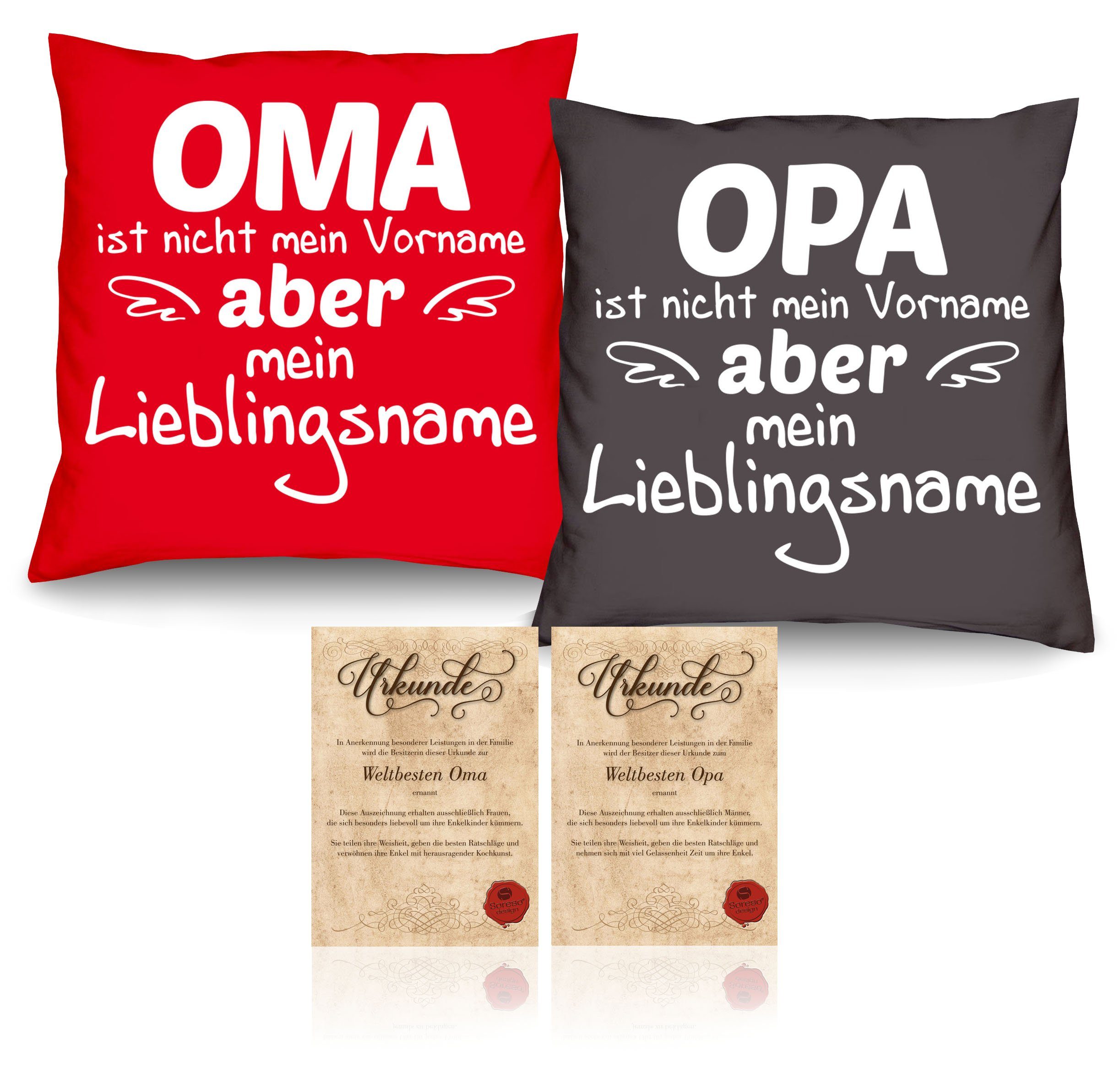 Weihnachtsgeschenk Opa Dekokissen anthrazit Lieblingsname Soreso® Kissen-Set Großeltern Lieblingsname für Urkunden, mit Oma