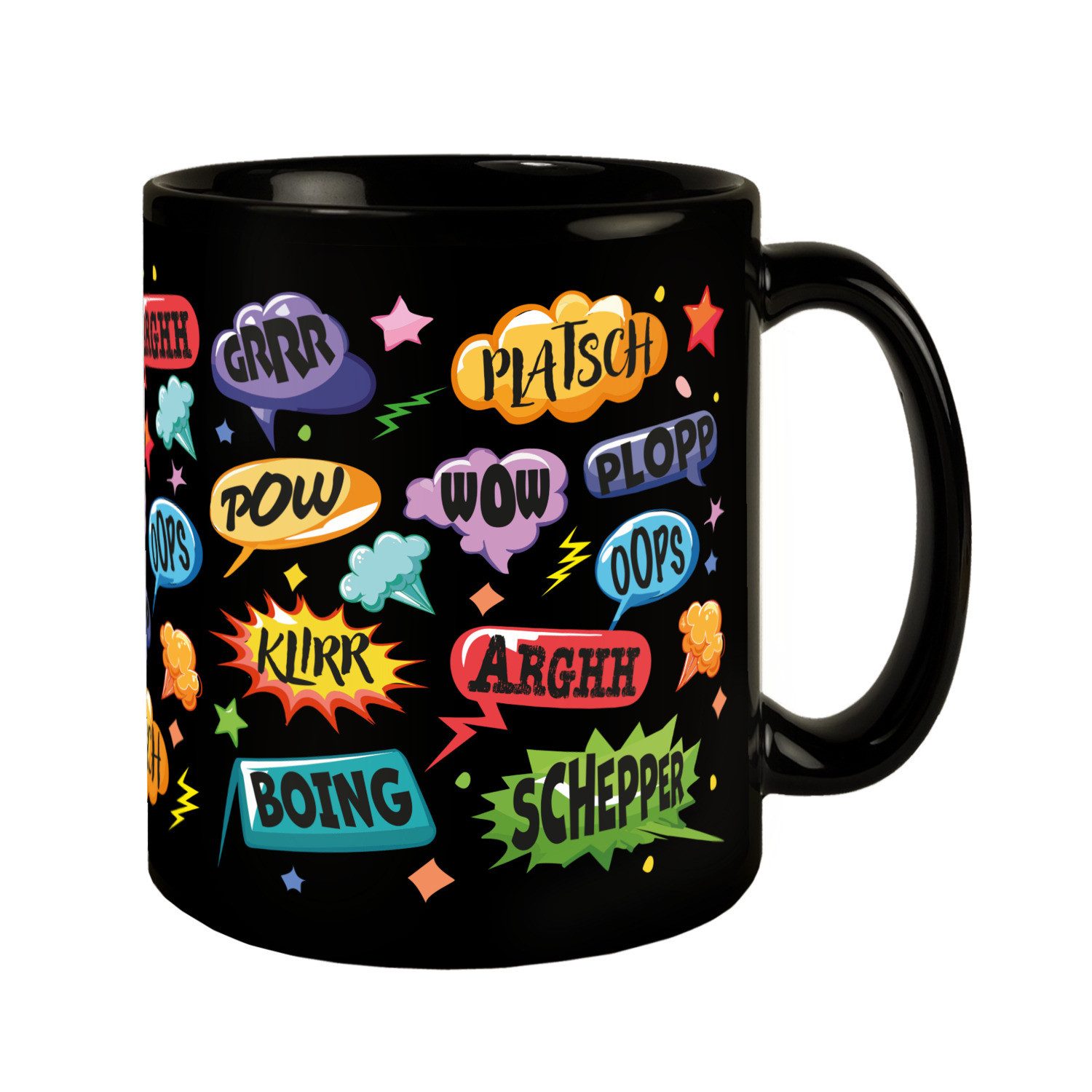 speecheese Tasse Comic Tasse in Schwarz mit Spruch: Unfallgeräusche: Alles