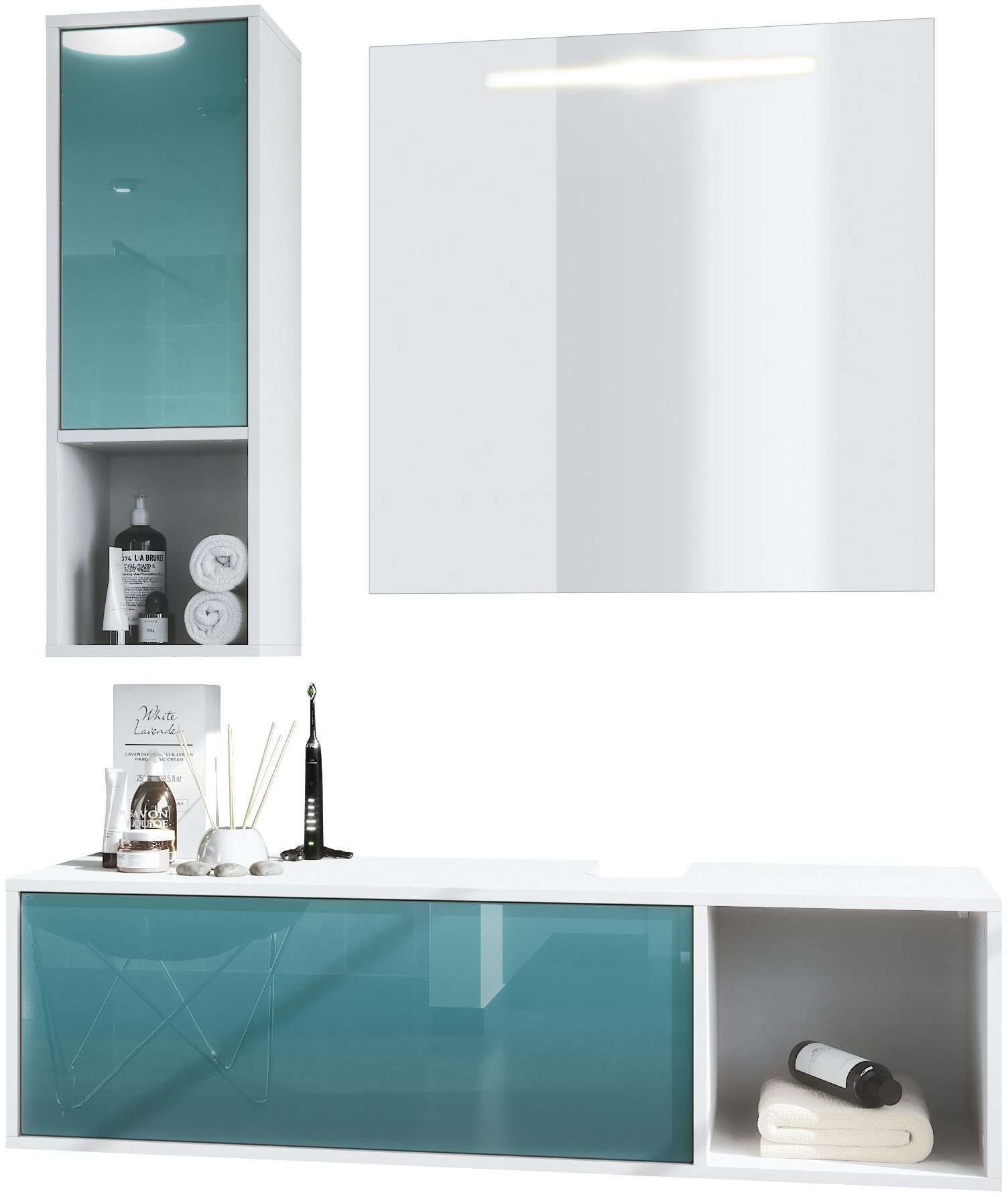 Vladon Badmöbel-Set La Costa, (Badezimmer-Set mit 1 Hängeschrank, 1 Unterschrank und 1 LED-Spiegel), Korpus Weiß matt/Fronten Petrol Hochglanz (126,5 x 195 x 46 cm)
