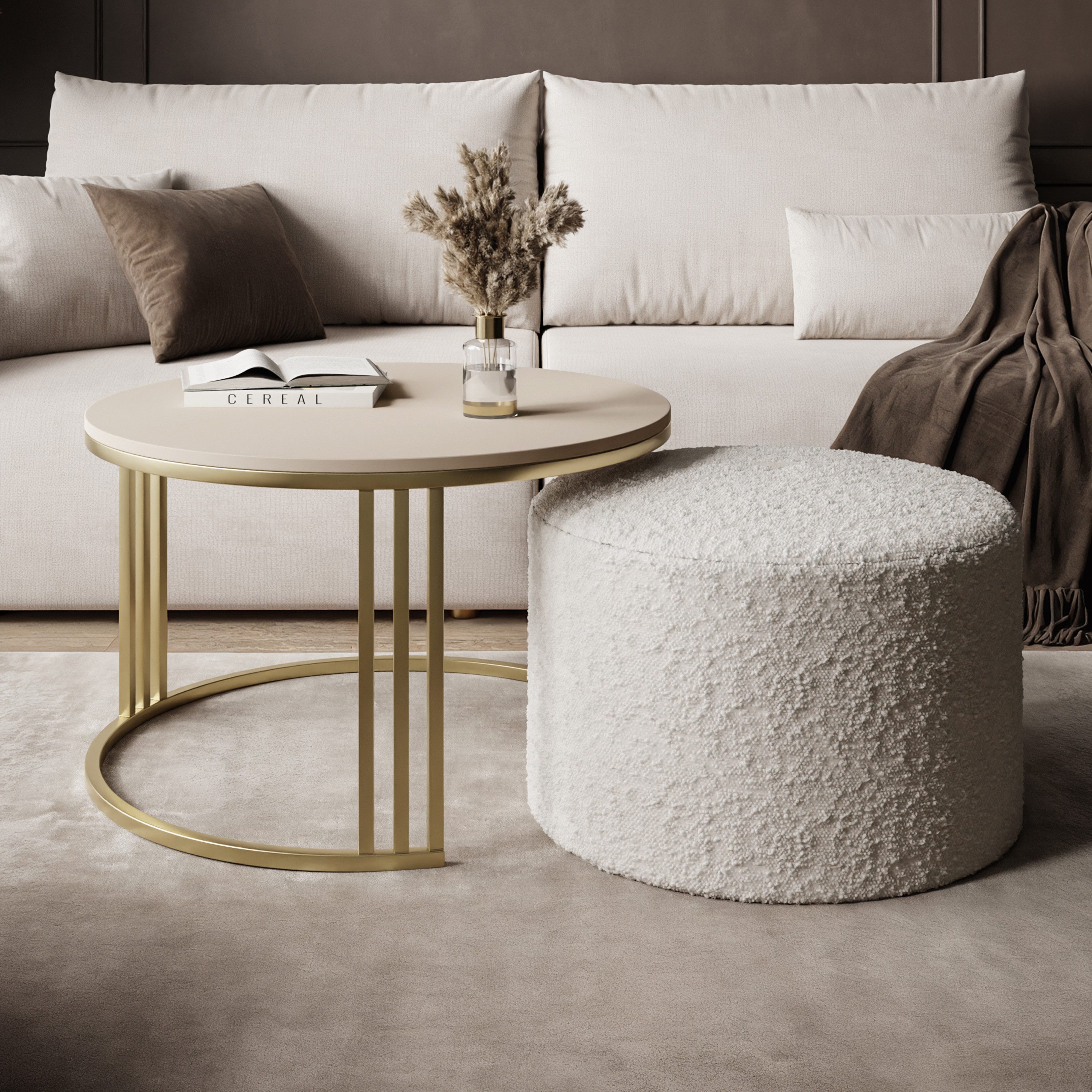 Lookway Couchtisch LORI MATT mit Hocker auf einem gebürsteten goldenen Gestell (1 Tisch mit Hocker), Durchmesser: ⌀70 cm