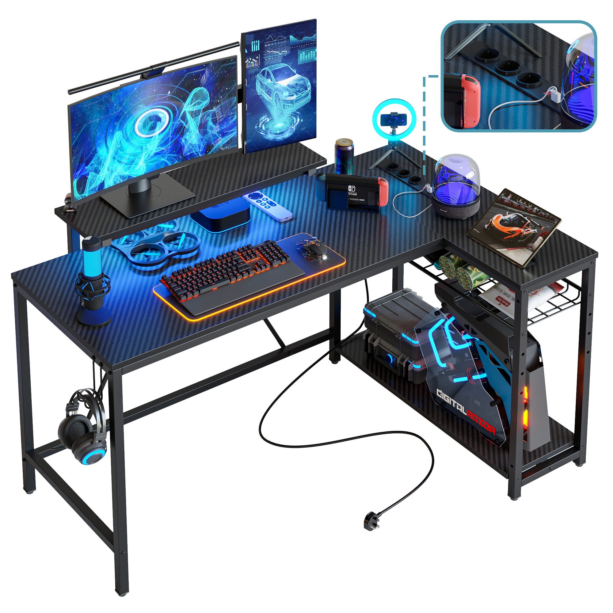 Bestier Gamingtisch Gaming-Schreibtisch L-Form mit LED, 106/133/147 × 50 cm Computertisch (Eckschreibtisch mit 2 USB-Ladeanschluss und 3 AC-Steckdosen, 1 Tisch), L-Form Tisch für Büro