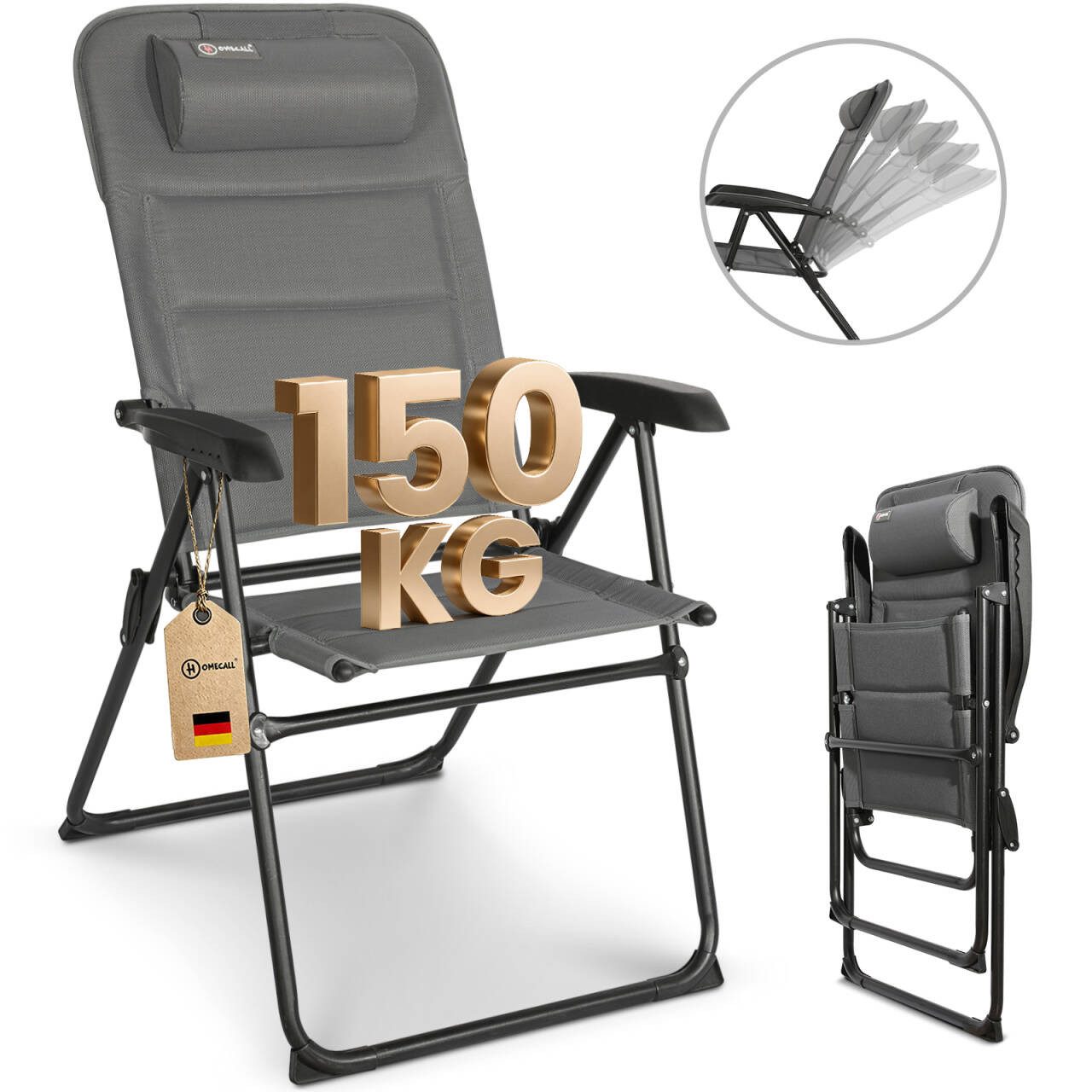 HOMECALL Campingstuhl Gartenstuhl Anglerstuhl Faltsessel Klappstuhl für Wohnwagen Outdoors (Textilene gepolstert mit Quick-Dry-Schaum, 1 St), 5 fach Verstellbarer Rückenlehne, Hochlehner, bis 150 kg