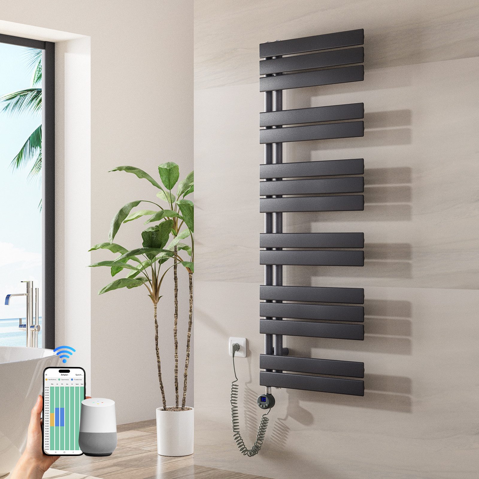 Heilmetz Elektrischer Badheizkörper 138,5 x 50 cm, 800W, mit WLAN Heizstab, Asymmetrisch Design, Anthrazit Handtuchwärmer mit Smart App/Sprachsteuerung