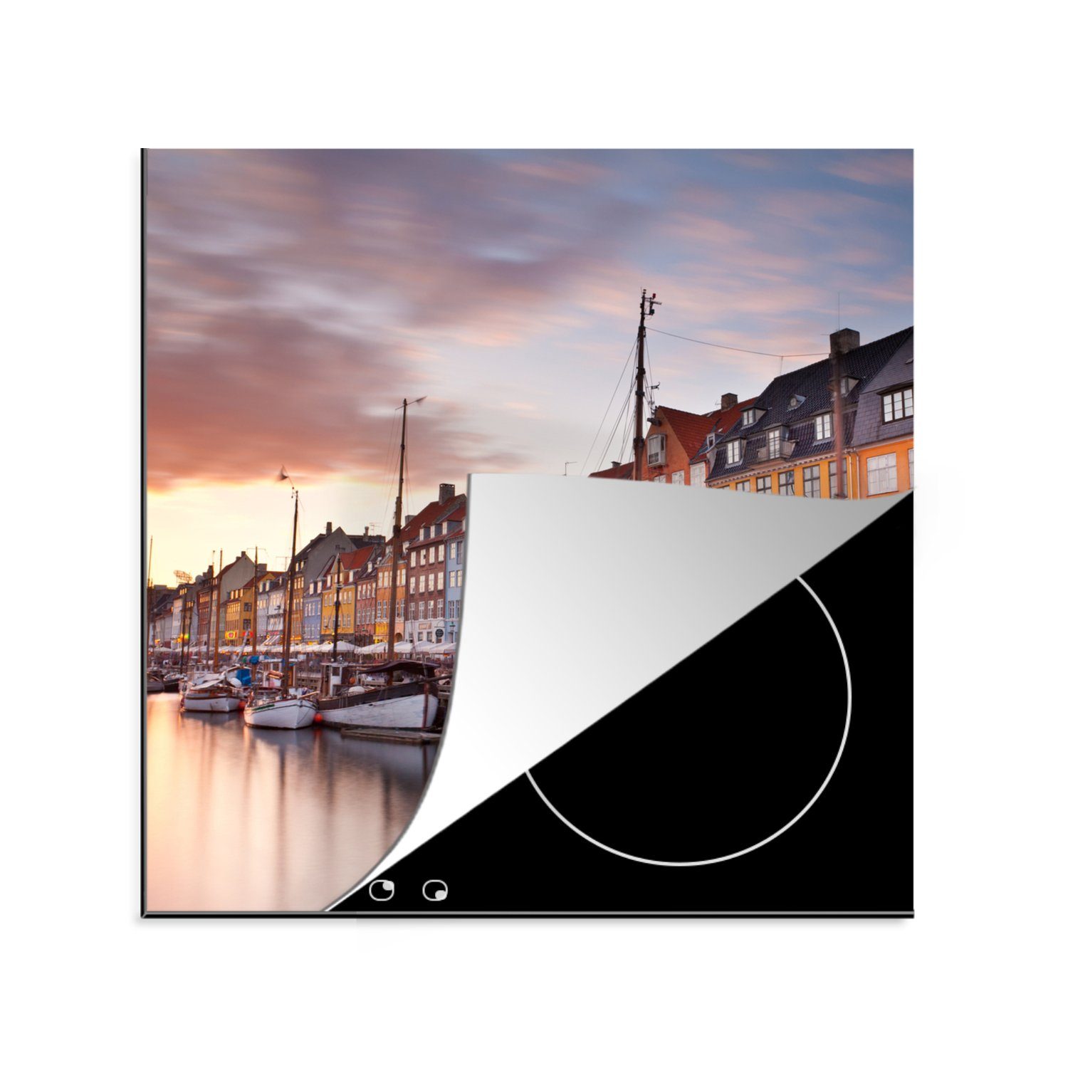 MuchoWow Herdblende-/Abdeckplatte Sonnenuntergang in Nyhavn Kopenhagen - Dänemark, Vinyl, (1 tlg), 78x78 cm, Ceranfeldabdeckung, Arbeitsplatte für küche