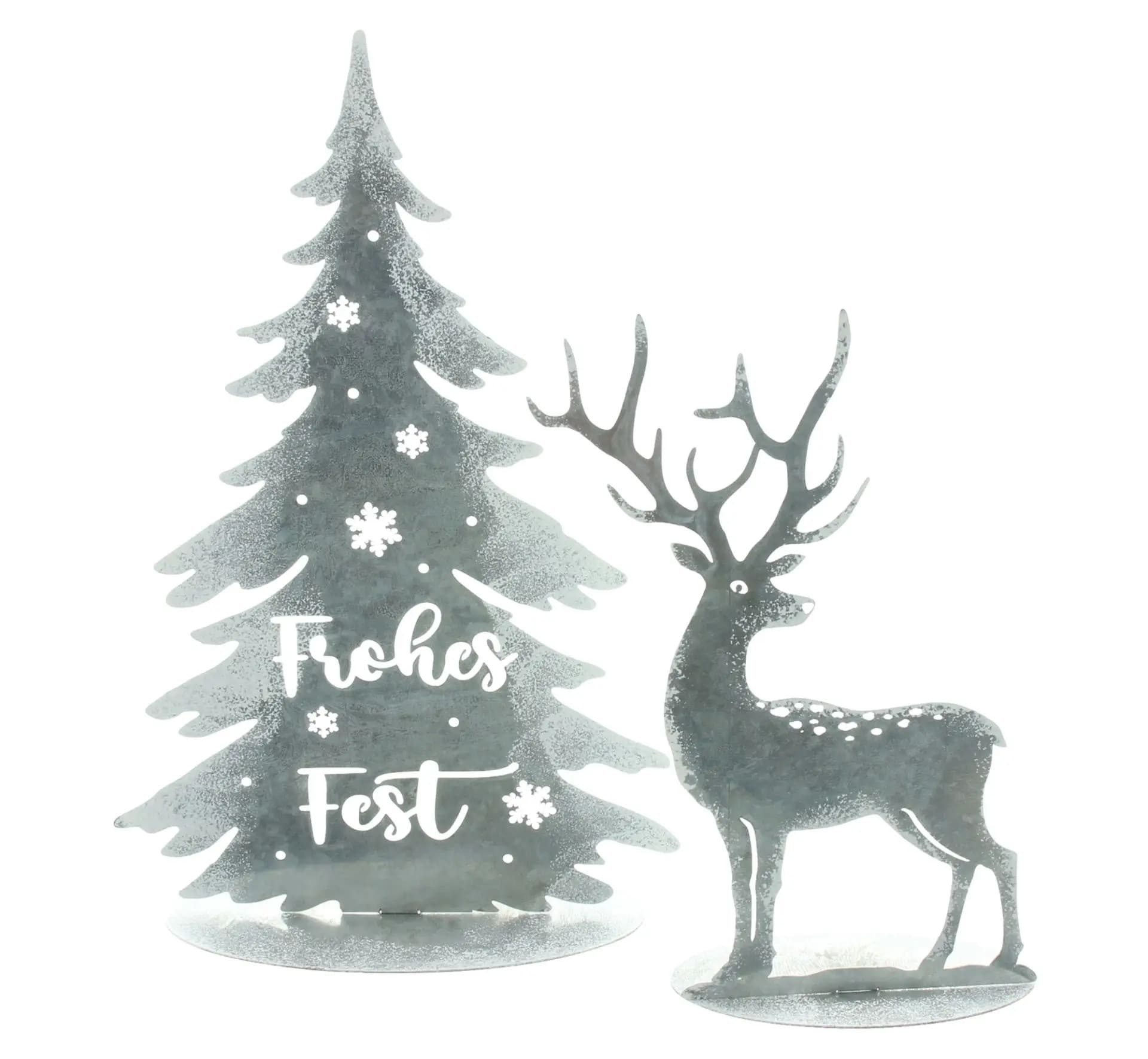 Dekoleidenschaft Dekofigur "Frohes Fest" Hirsch & Tanne, Metall silber, Weihnachtsdeko Winterdeko (2 St., im Set), 21 cm + 30 cm hoch