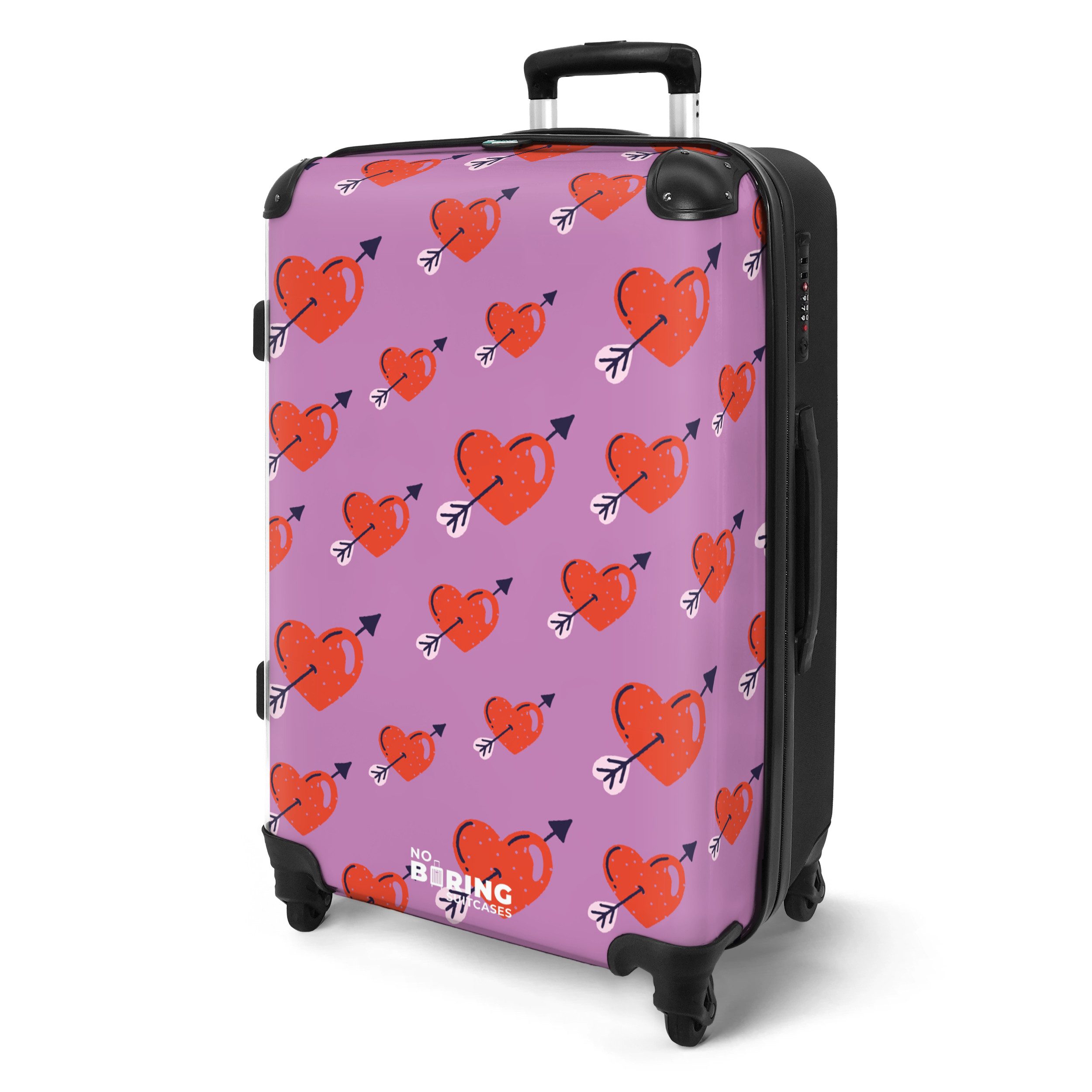 NoBoringSuitcases.com© Hartschalen-Trolley Lila mit roten Herzen günstig online kaufen