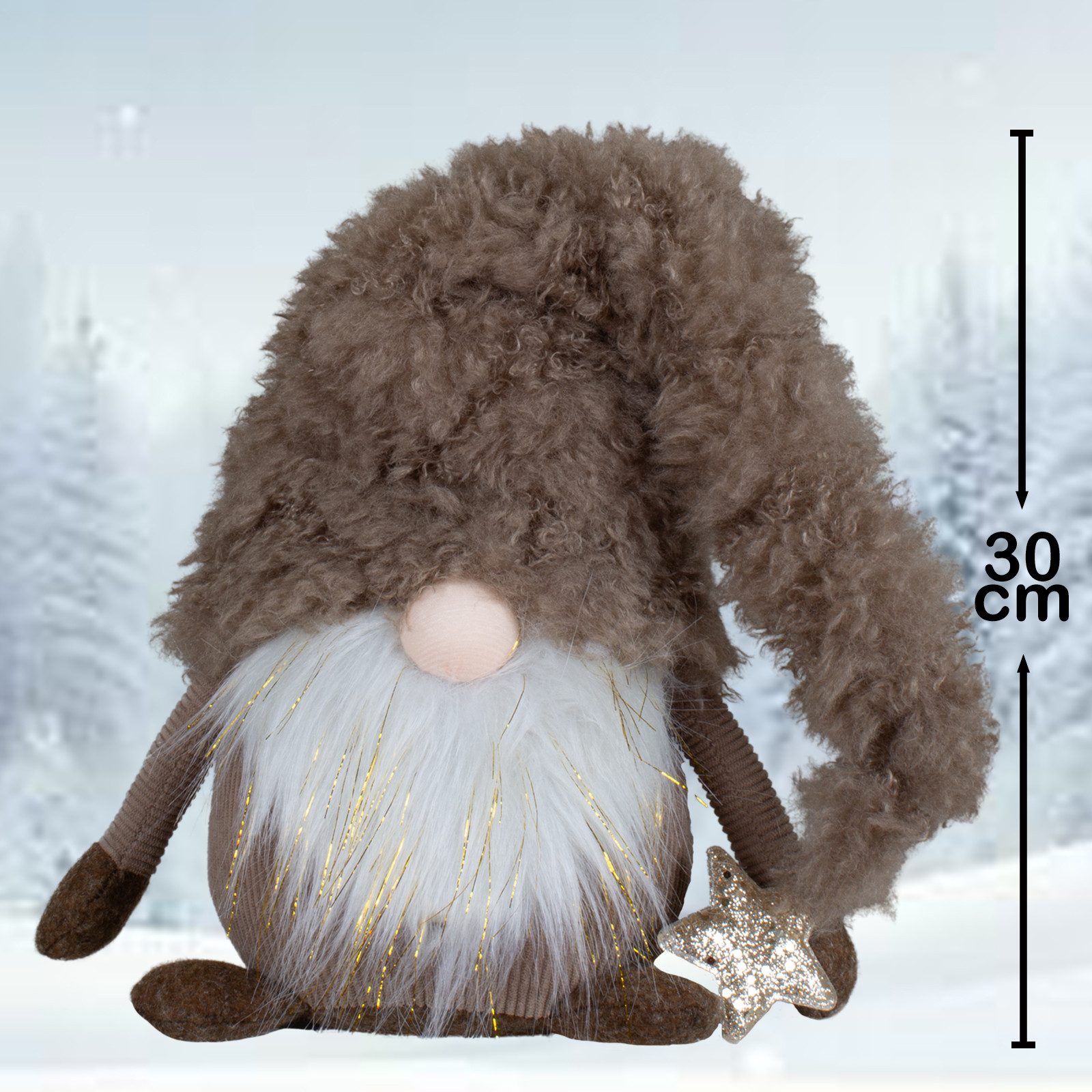 Christmas Paradise Weihnachtsfigur sitzender Wichtel 30cm (1 St), mit brauner, flauschiger Zipfelmütze