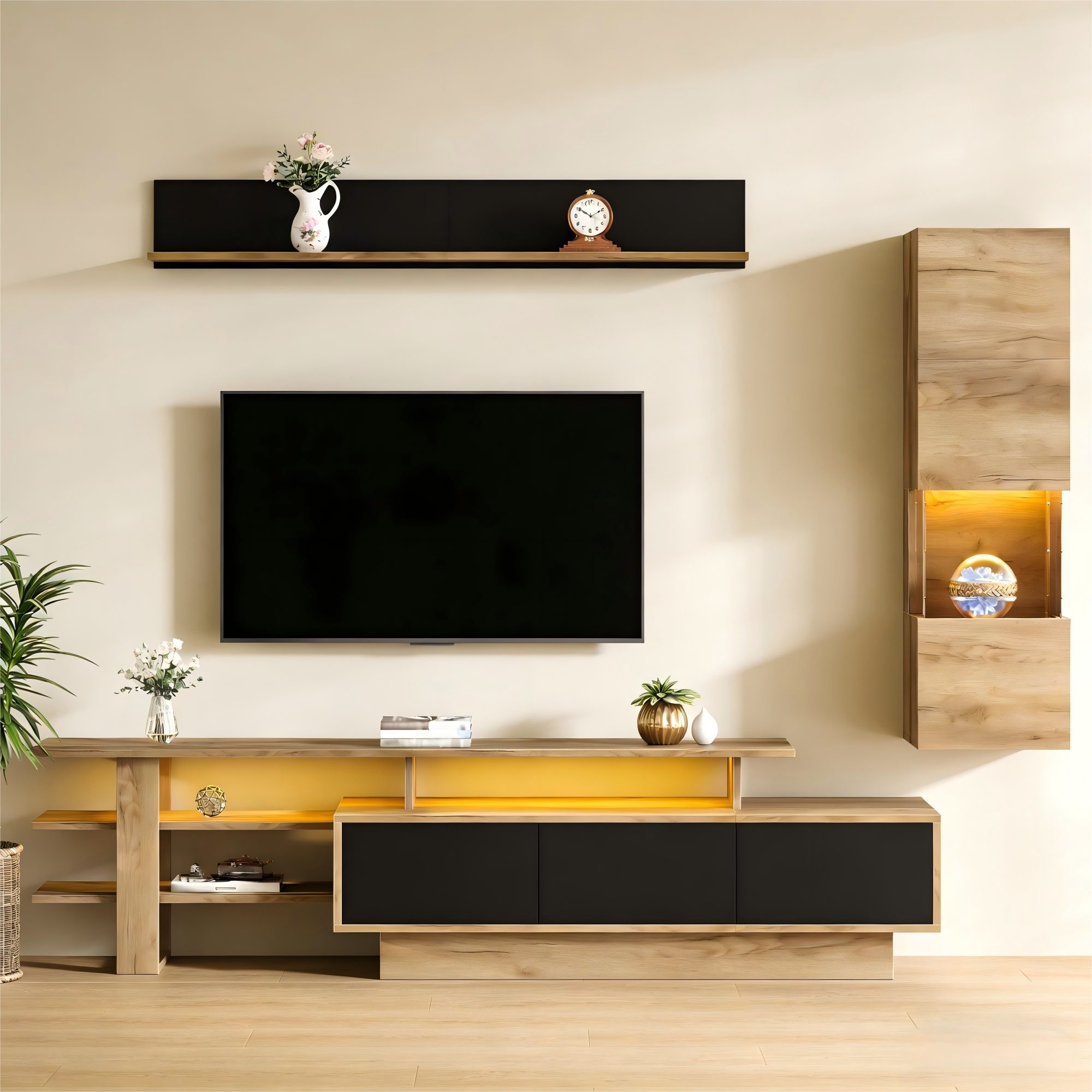 REDOM Wohnwand 3-teiliges Wohnzimmer-Set in Schwarz & Naturholz mit LED, (Set, 3-St., Bestehend aus TV-Board (3 Schubladen), Vitrine & Wandregal), Stilvolle Kombination für TV-Geräte bis 80 Zoll