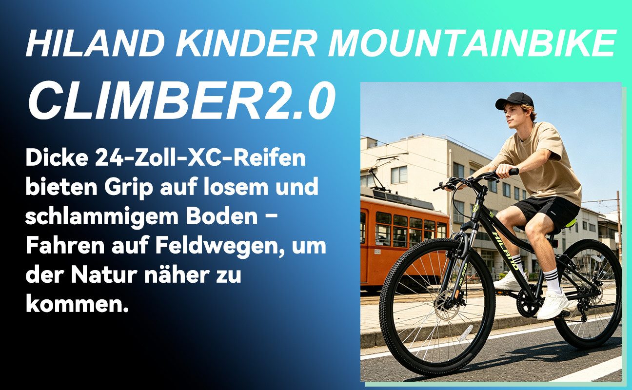 HILAND Mountainbike 24 Zoll Aluminium-Mountainbike mit 7-Gang, Federgabel und V-Bremse, mit Federgabel 7 Gang, V-Bremse, Hochwertiger Rahmen