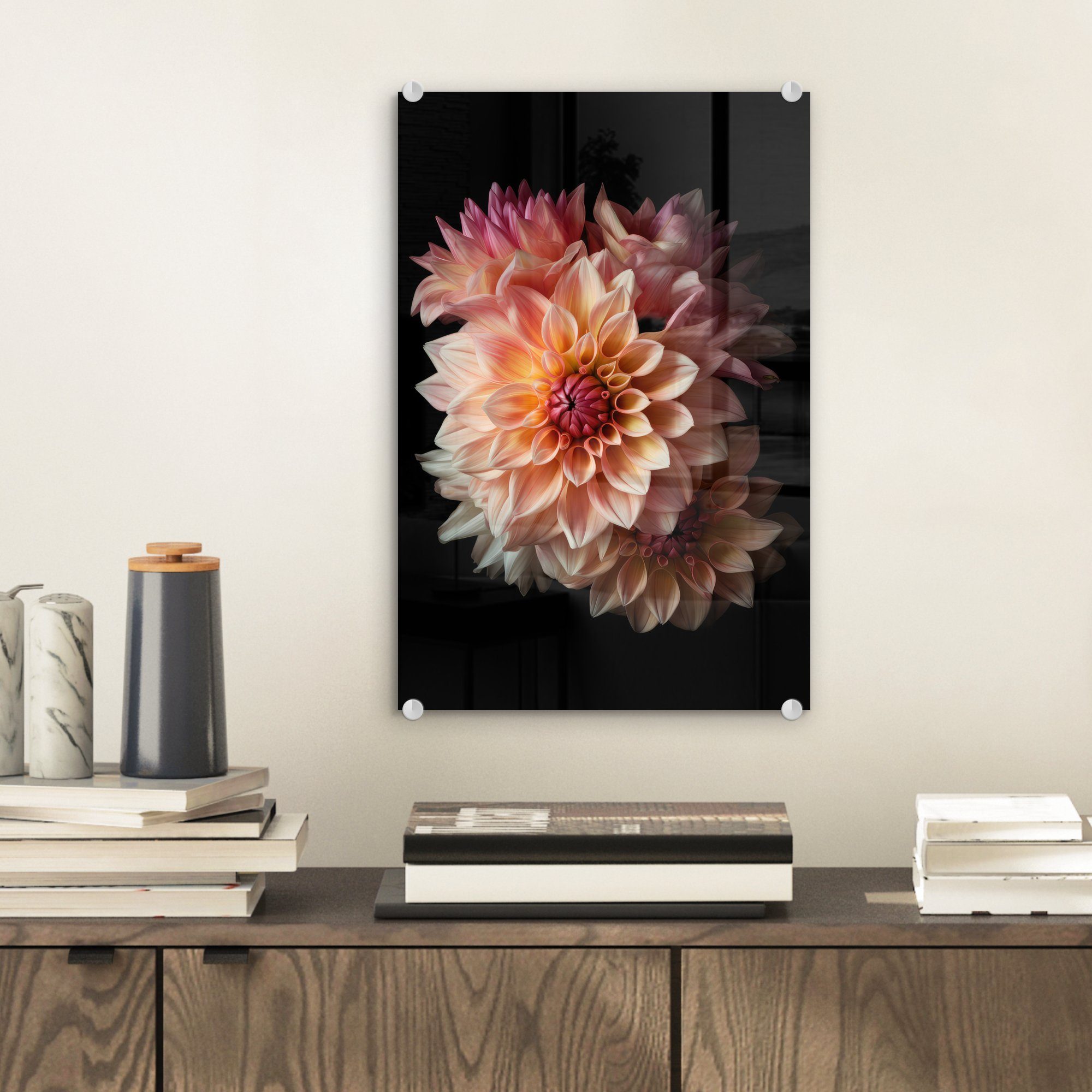 (1 St), Glas Glasbilder - Dahlie Rosa Glas Blumen Botanisch, - - MuchoWow auf Wanddekoration Schwarz auf Acrylglasbild - - Foto - Bilder Wandbild -