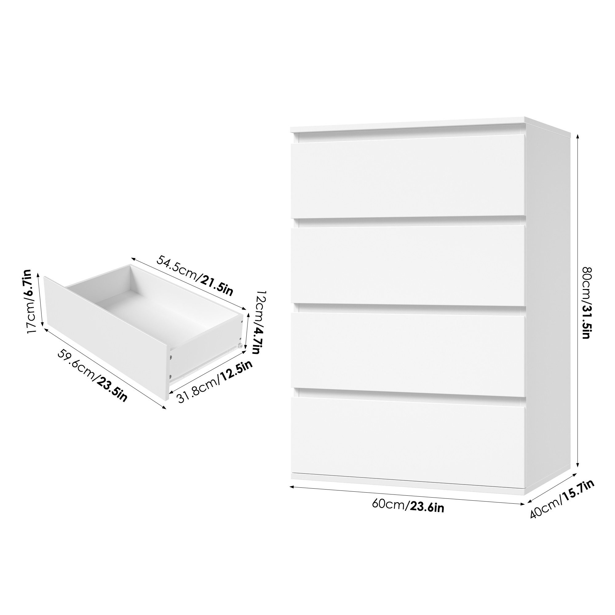 Homfa Kommode, Sideboard mit 4 Schubladen, Schubladenschrank, weiß, Holz, 60x40x80cm