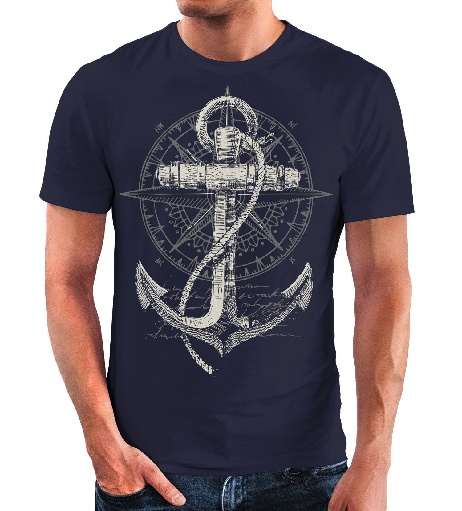 Neverless Print-Shirt Neverless® Herren T-Shirt Print Aufdruck Anker Kompass Motiv Maritim Meer Fashion Streetstyle mit Print navy