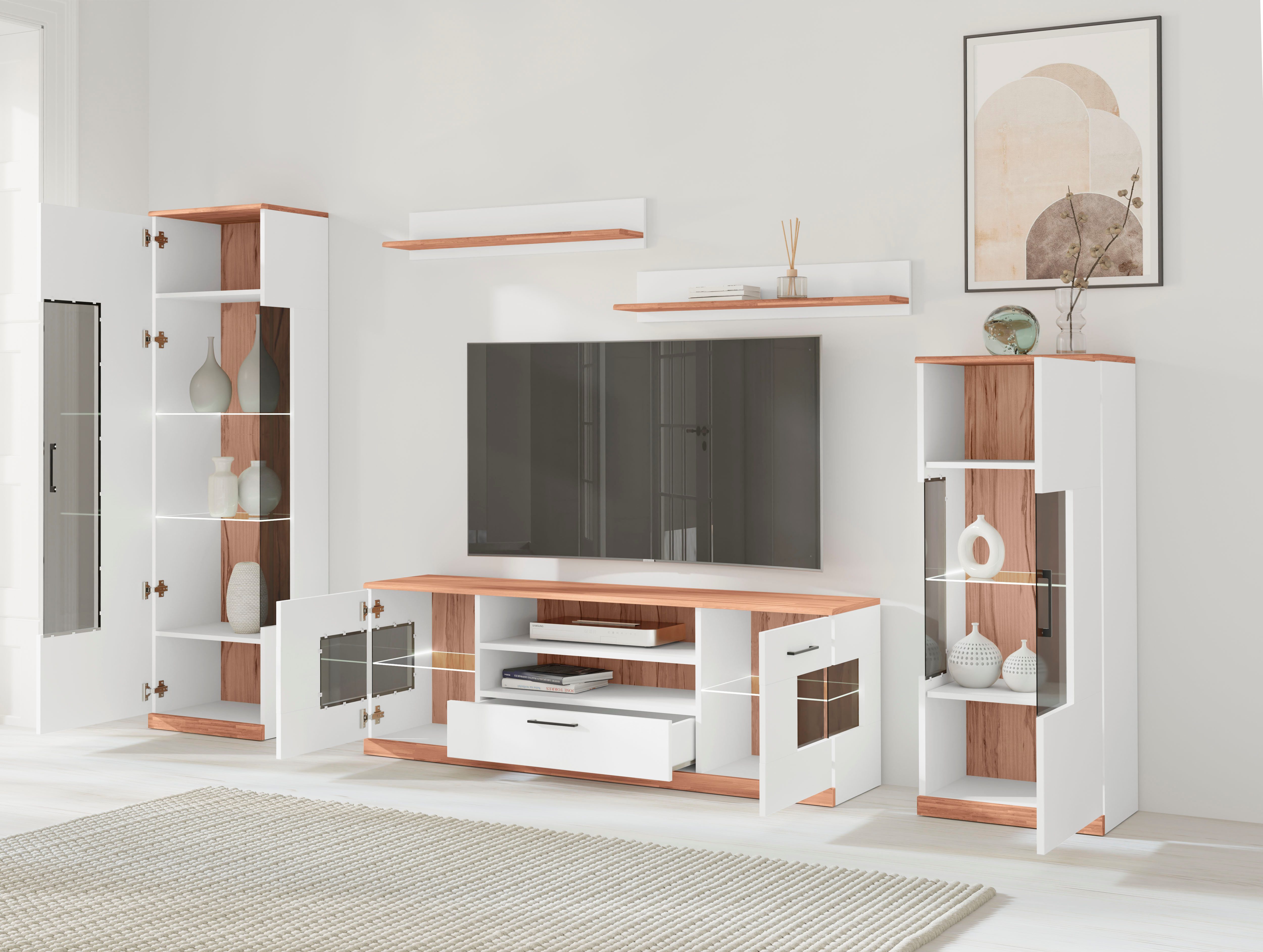 Home affaire Wohnwand Ribe Wohnwand Set-5 St., (Set, 5-St), Glaseinsatz aus gehärtetem Glas,Böden teilweise versetzbar