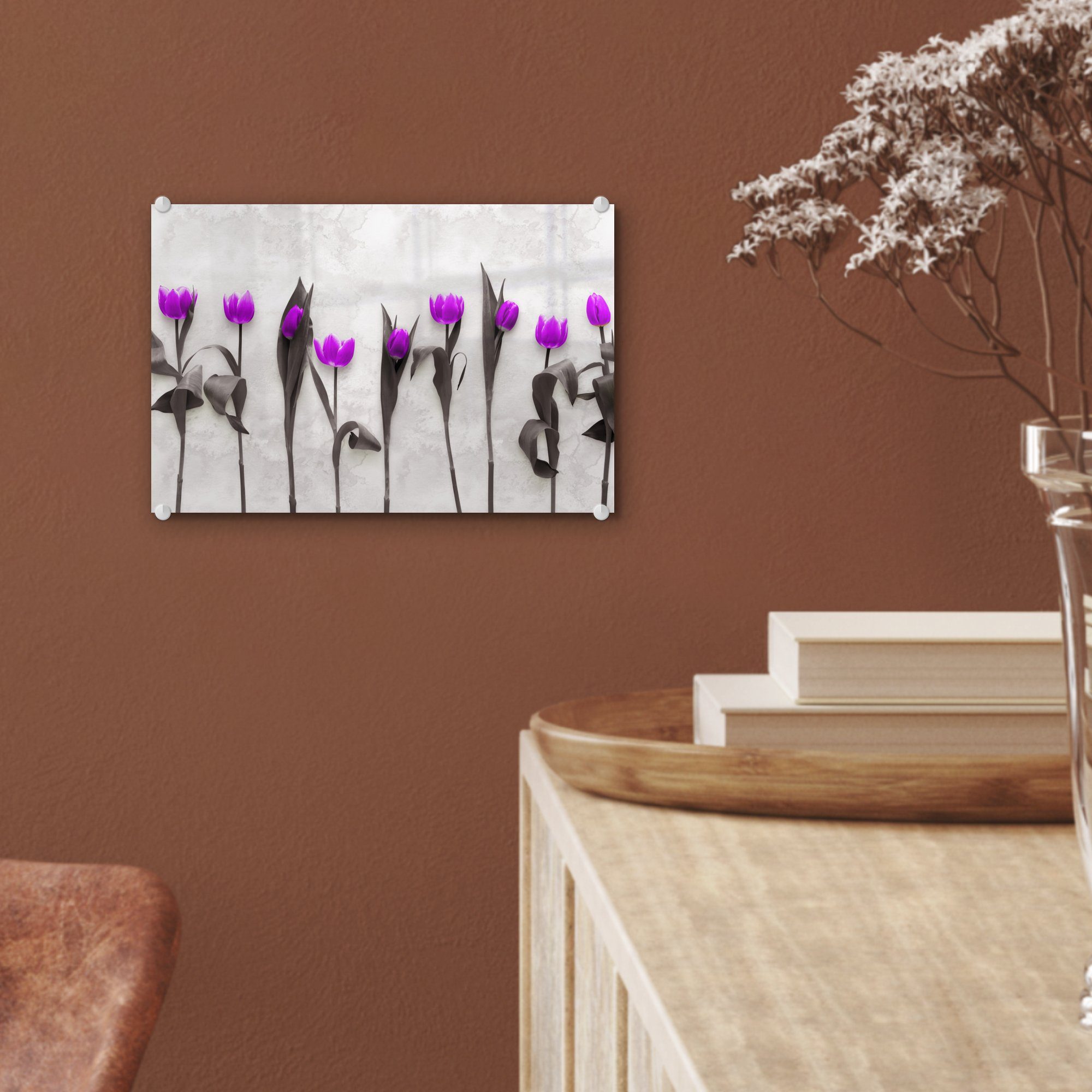 auf Blumen Wanddekoration Acrylglasbild Glasbilder auf Foto Glas - Lila, St), - MuchoWow - Wandbild - Bilder (1 - Glas Tulpen