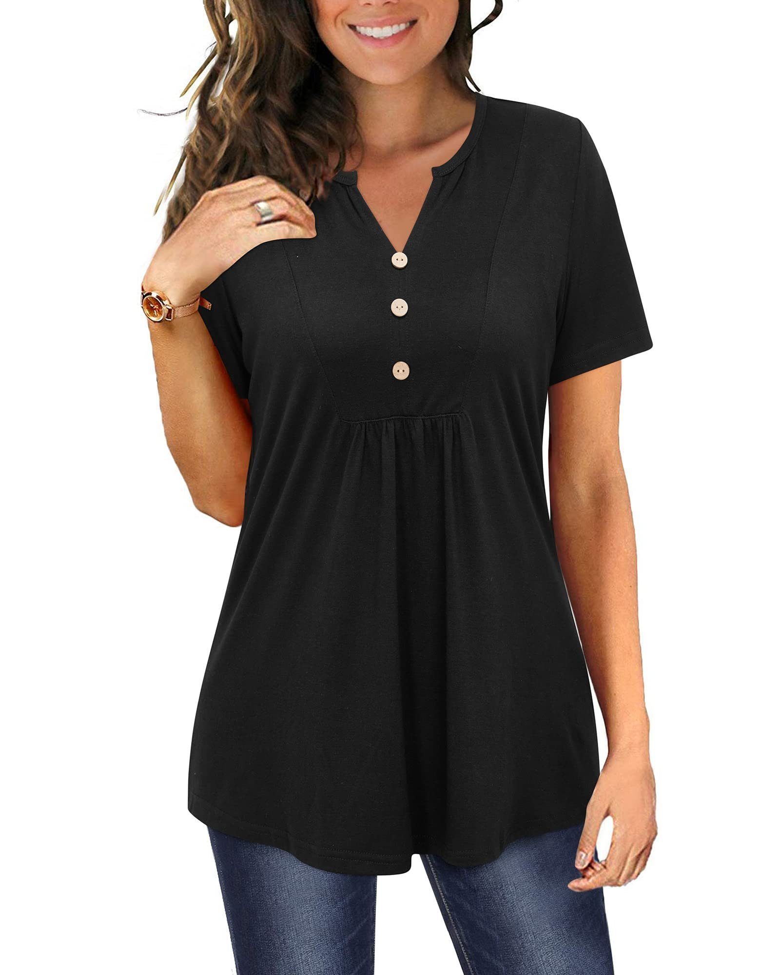 G4Free T-Shirt Shirt Damen Schwarz Ausschnitt V T shirts Kurzarm Plissiert Oberteile Tunika