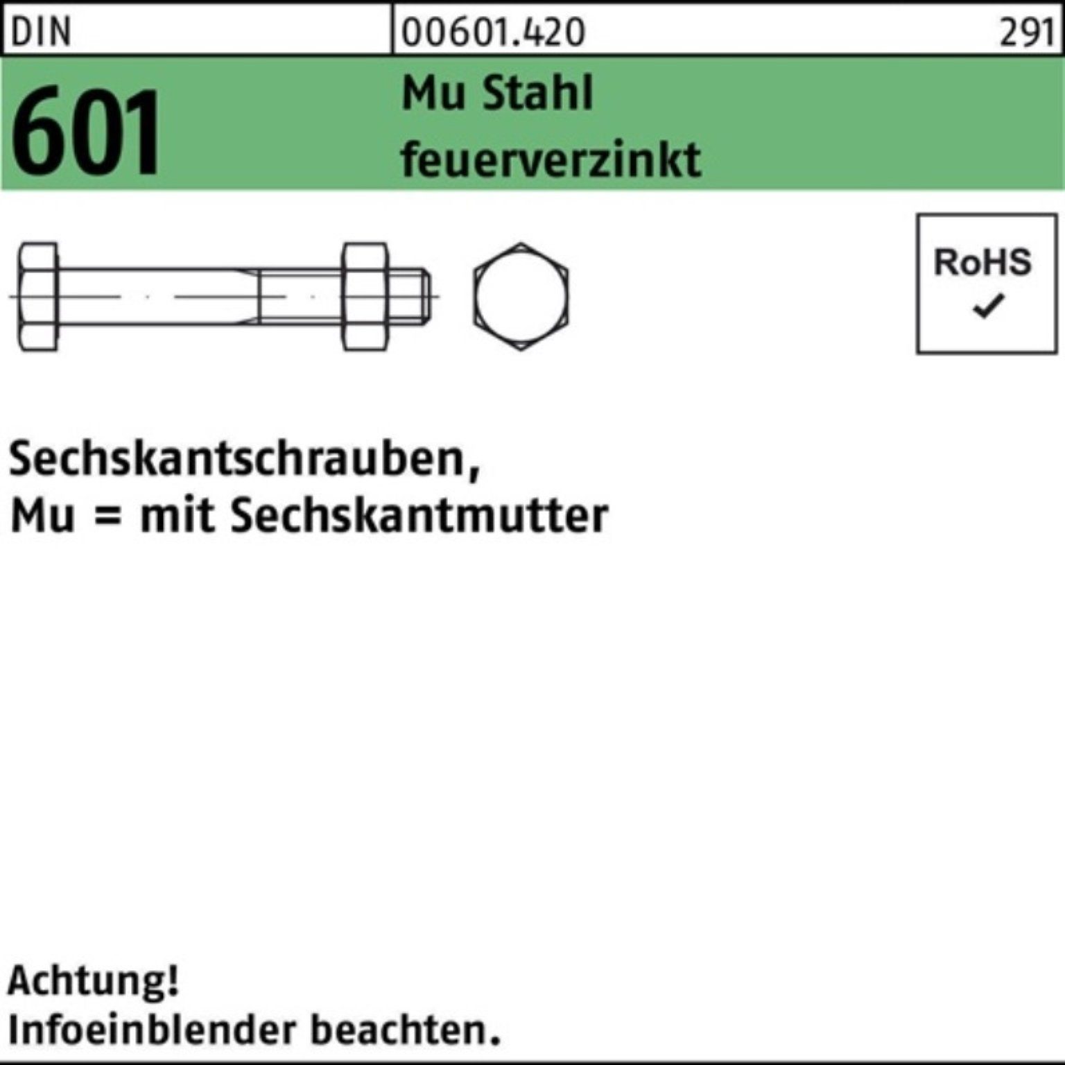 Reyher Sechskantmutter 100er Pack Sechskantschraube DIN 601 Sechskantmutter M16x40 Mu Stahl 4