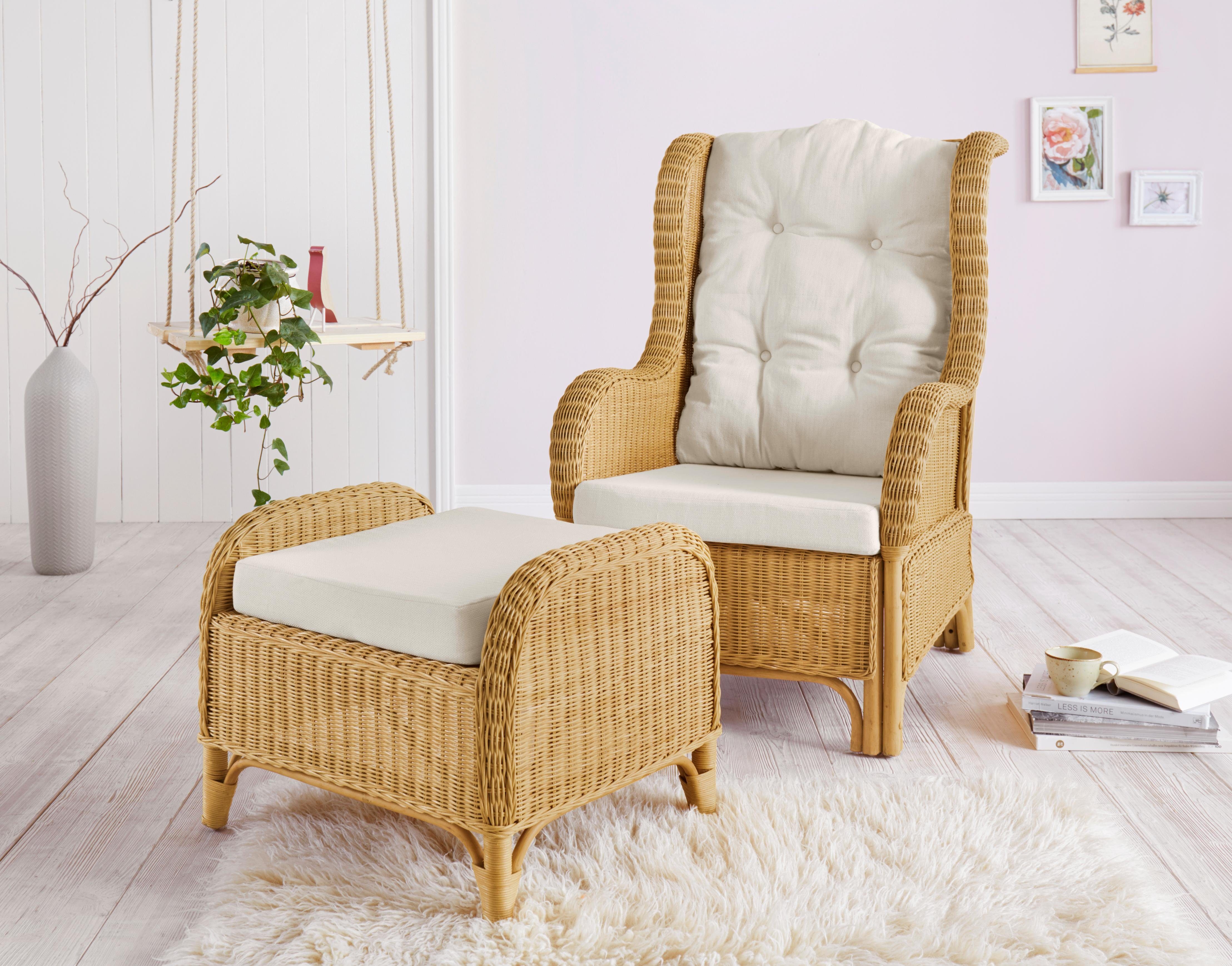 Home affaire Rattanstuhl Frieda (Set, 2 St), mit Sitzhocker, inkl. Kissenauflagen