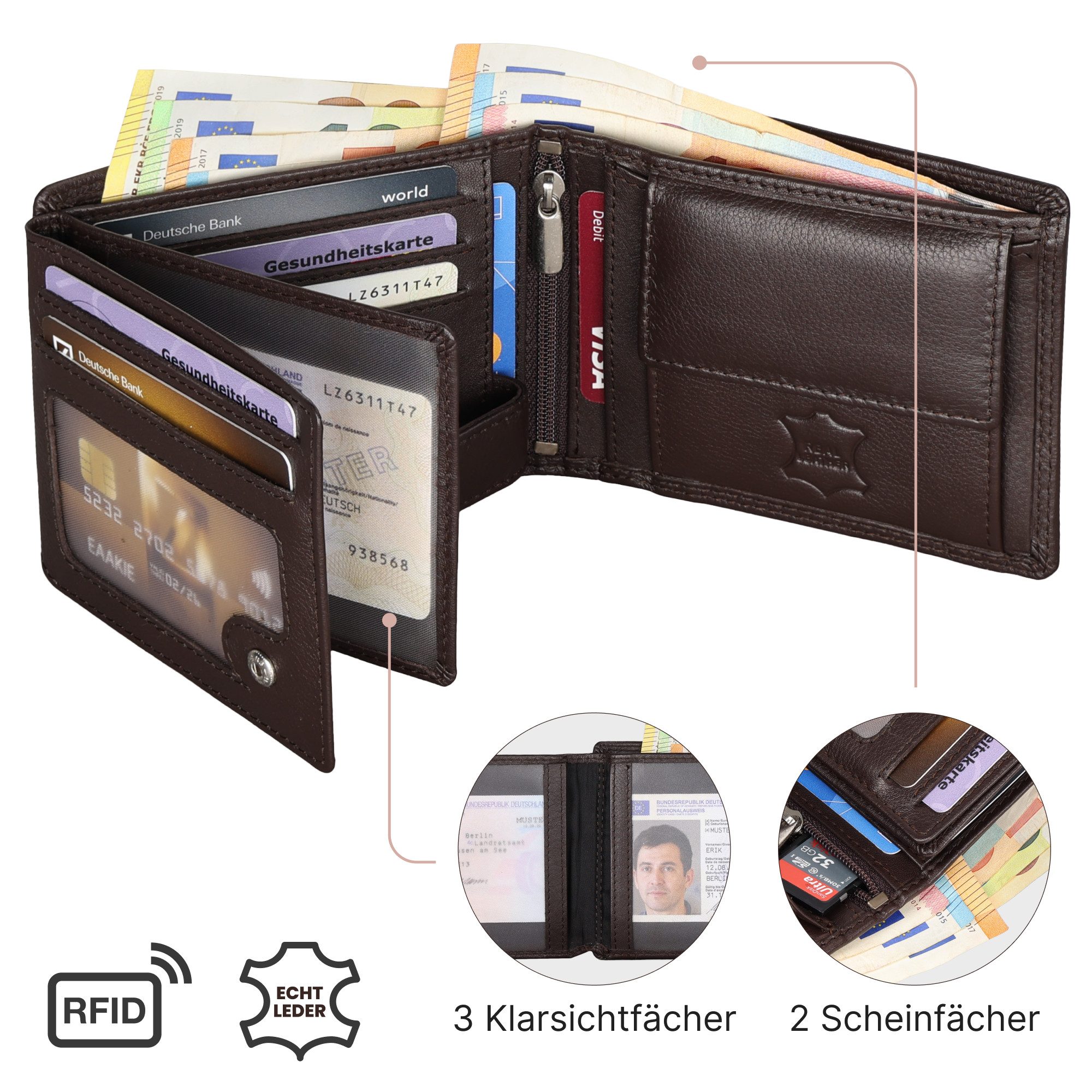 EAAKIE Geldbörse RFID echt Leder Portemonnaie Geldbörse Herren Rindleder, RFID Schutz