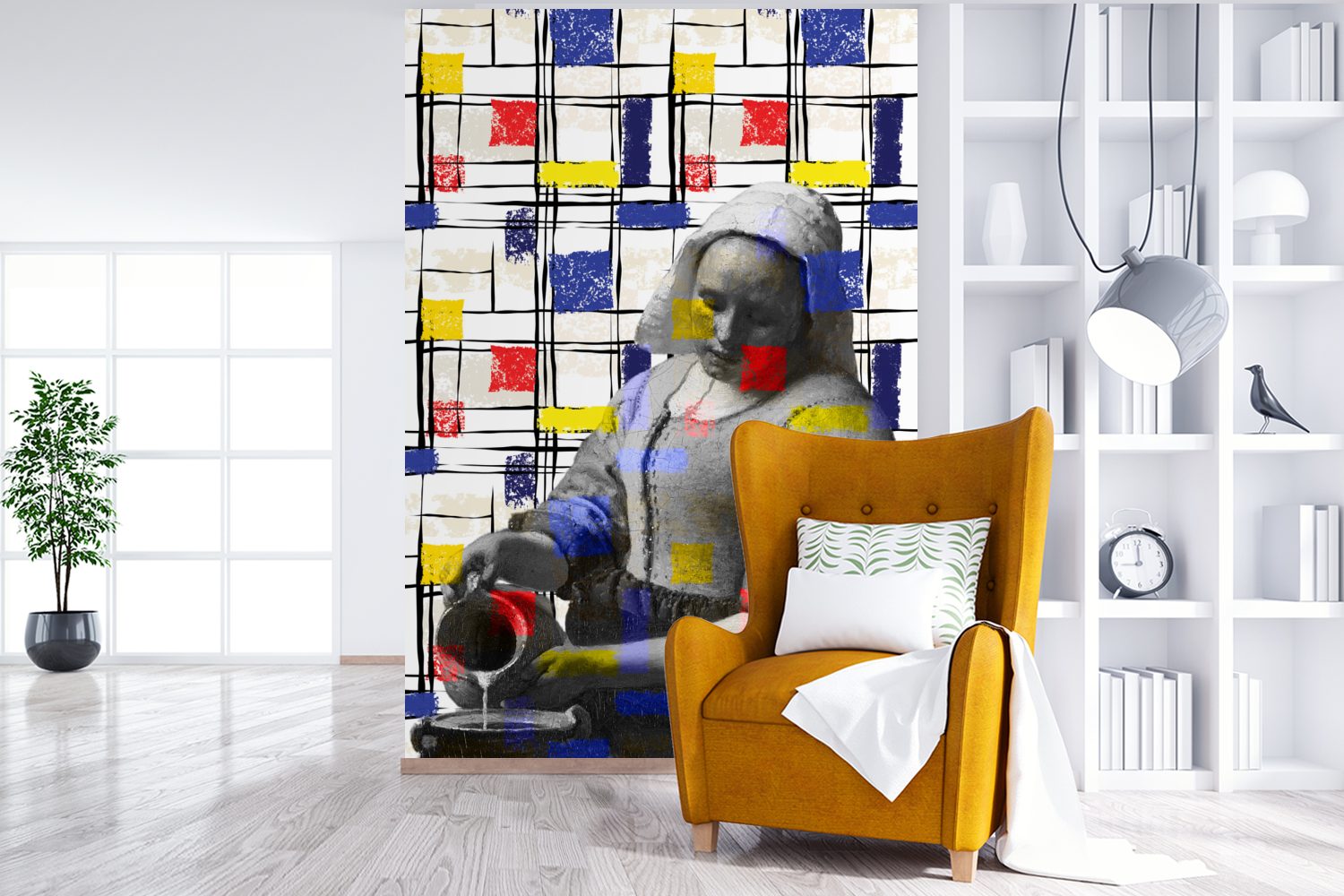 Mondrian Montagefertig Wohnzimmer, bedruckt, Wandtapete (3 MuchoWow Tapete Collage, St), Vinyl für - Fototapete Matt, - Milchmädchen