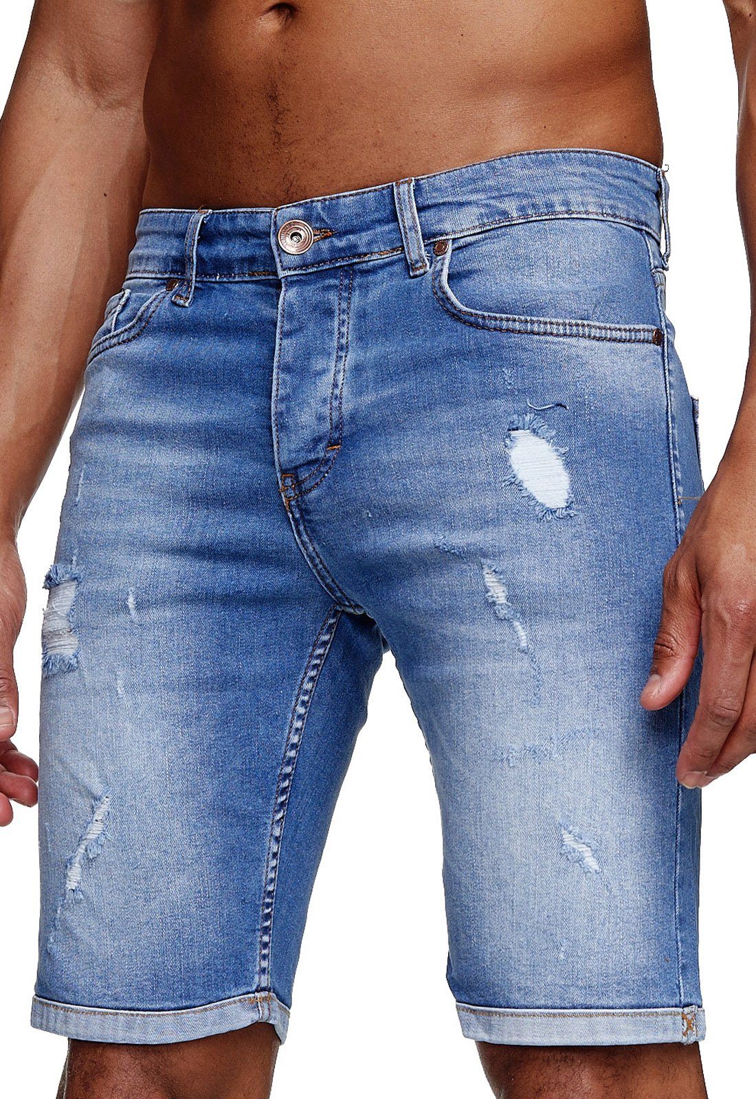 Reslad Jeansshorts Reslad Jeans Shorts Herren Kurze Hosen Sommer l Used Look Destroyed Destroyed Jeansbermudas Stretch Jeans-Hose mittelblau