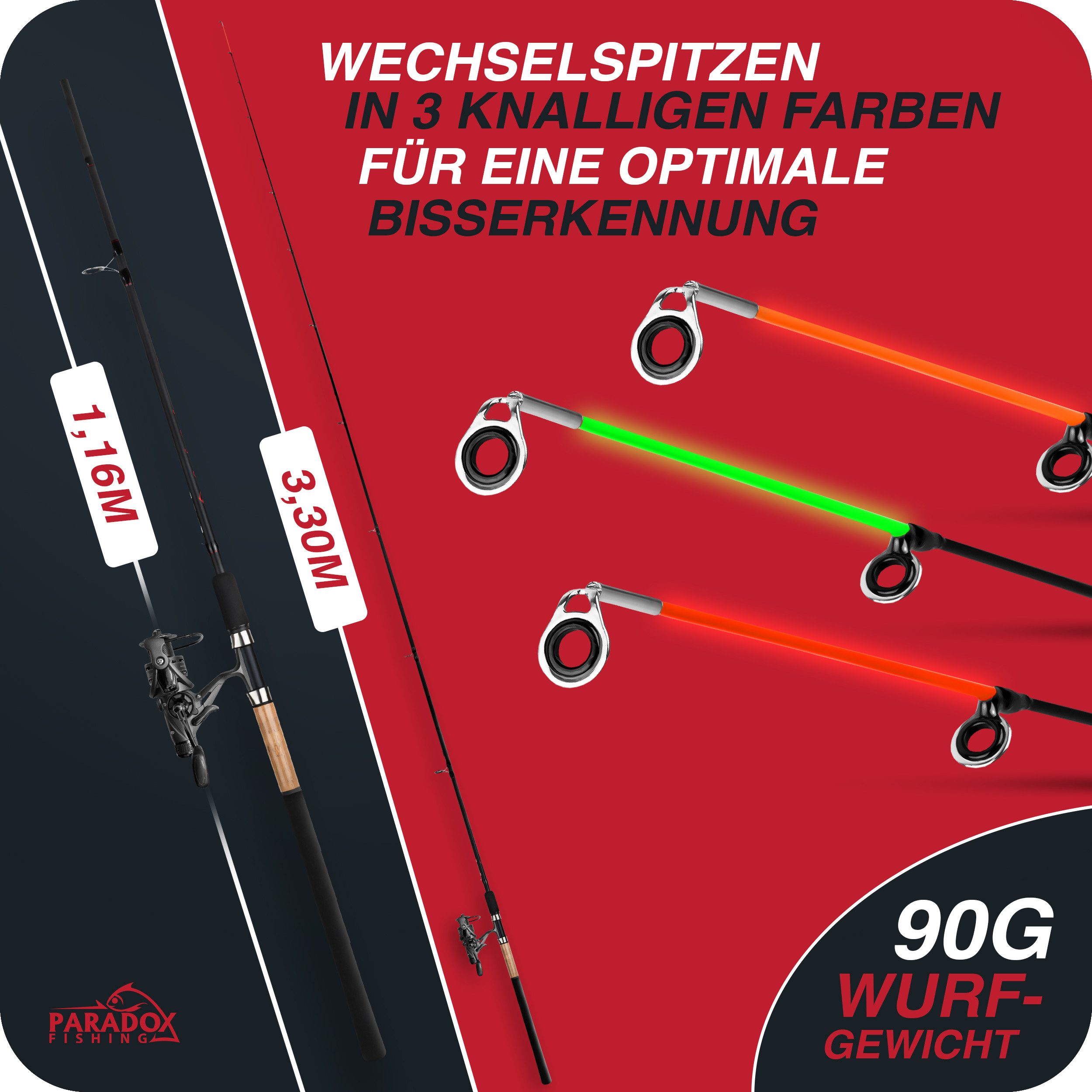 Paradox Fishing Feederrute Combo Feeder, (Rute + Rolle), 3,3m/3,6m, 90g/120g, 3 Wechselspitzen