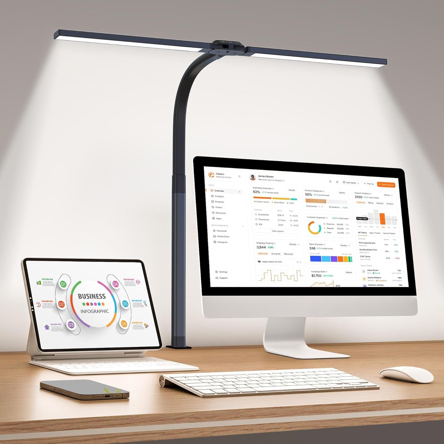 VEKROBOT LED Schreibtischlampe LED Schreibtischleuchte mit Klemme Augenschutz dimmbar flexibler Arm, Doppelkopf LED Schreibtischlampe mit Klemme