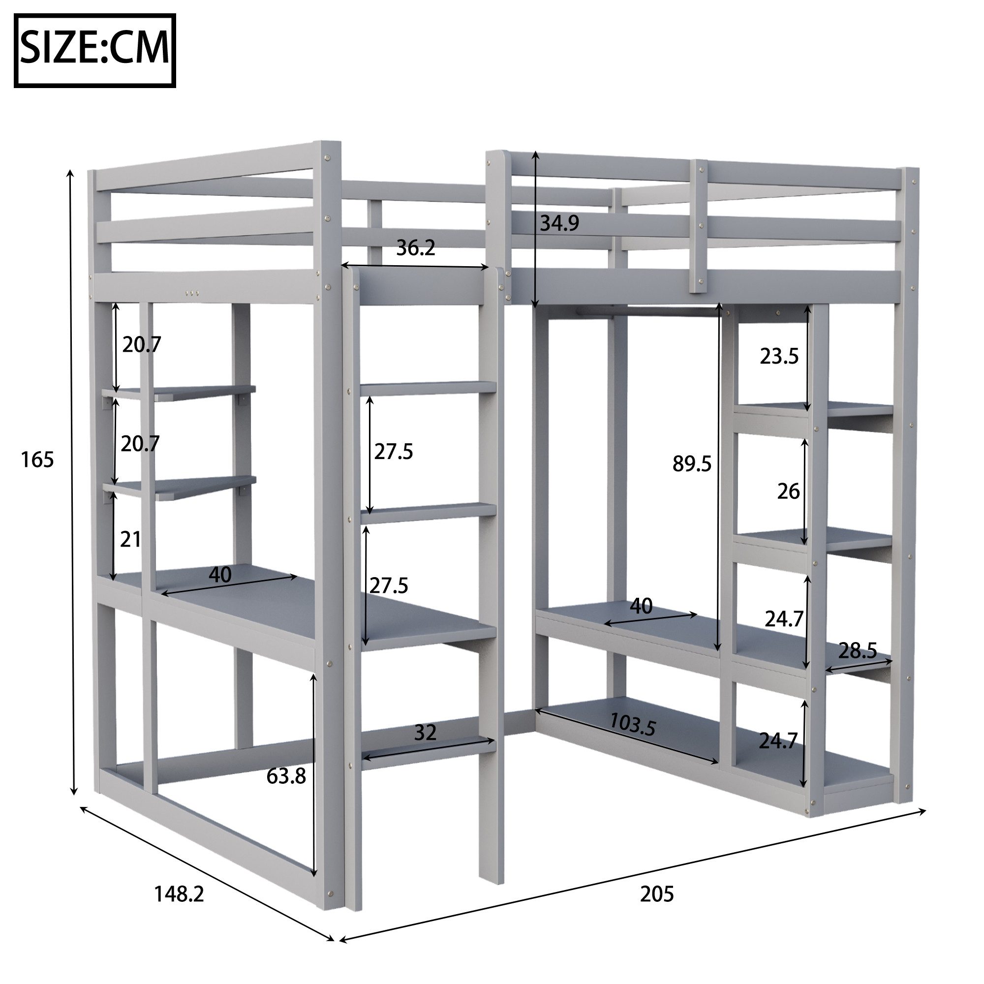 Merax Hochbett mit Stauraum und Sicherheitsleiter, Kieferholz Jugendbett (1-St) Kinderbett 140x200cm mit Schreibtisch Regalen und offener Garderobe – Bild 4 von 5