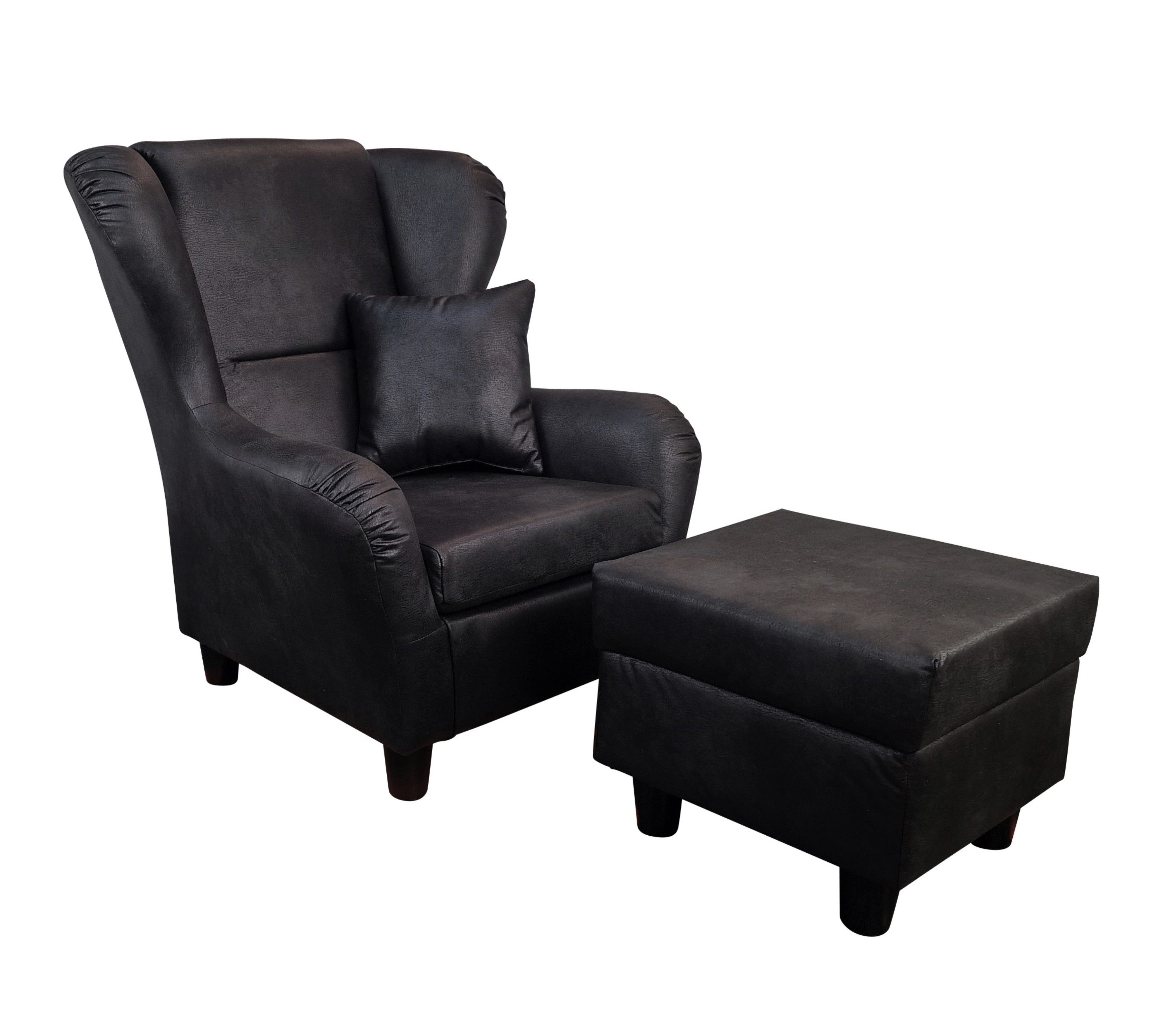 luma-home Ohrensessel 18007 (mit Hocker und Zierkissen, Wellenunterfederung, mit Echtholzfüßen, B90/H98/T76 cm), Lesesessel mit Mikrofaserstoff in Leder-Optik Vintage Schwarz