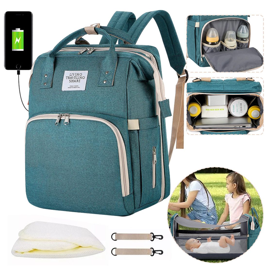 Mutig Wickeltasche Wickeltasche Rucksack, wickelrucksack mit bettfunktion Großer (Multifunktionale Diaper Bag Mit Wickelunterlage, Kinderwagen-Haken, Geeignet für Mama und Papa,Baby-Wickeltaschen, Muttertagsgeschenke), multifunktionaler wasserdichter Reise-Windelrucksack für Babys