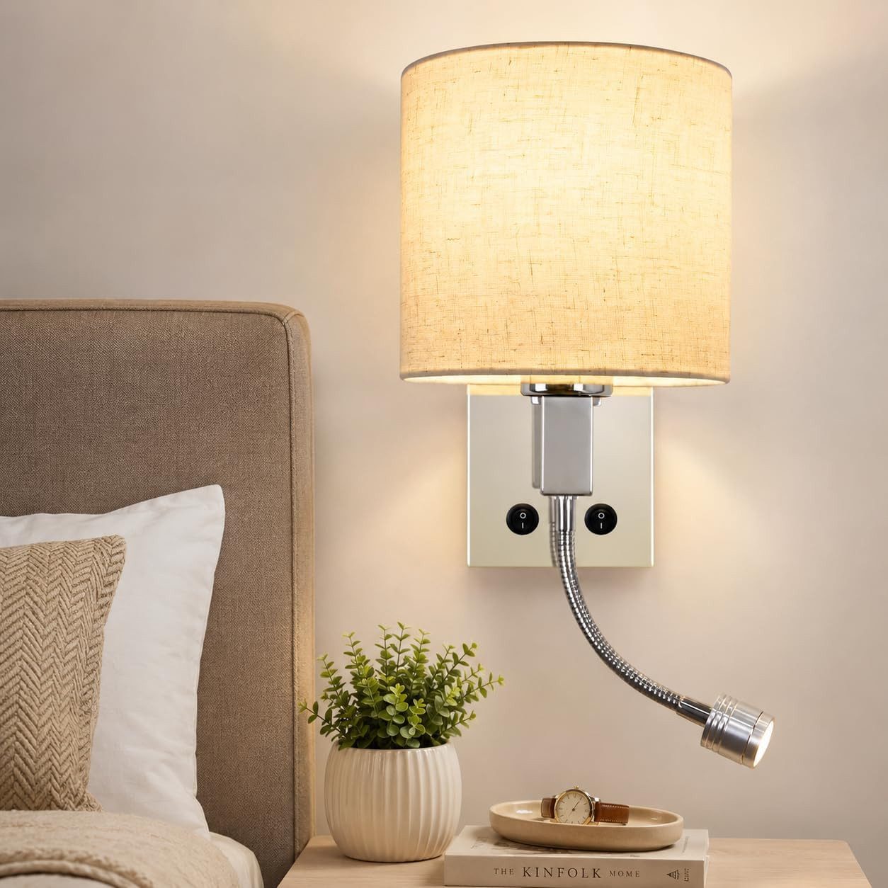 ZMH LED Wandleuchte Innen mit Schalter Leselampe Schwenkbar Bettleuchte für Wohnzimmer, Zum Gebrauch im Freien und in geschlossenen Räumen, LED fest integriert, 3000K, Wandlampe mit grauem Glasschirm