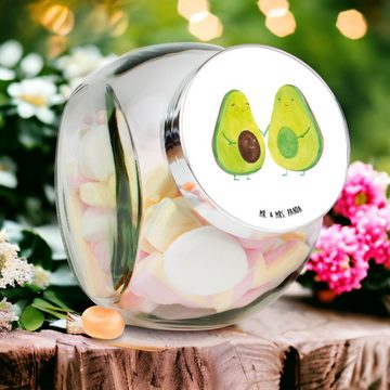 Mr. & Mrs. Panda Vorratsglas XL 2000ml Avocado Pärchen - Weiß - Geschenk, Glasbälter, Süßigkeitend, Premium Glas, (1-tlg), Herzmotiv