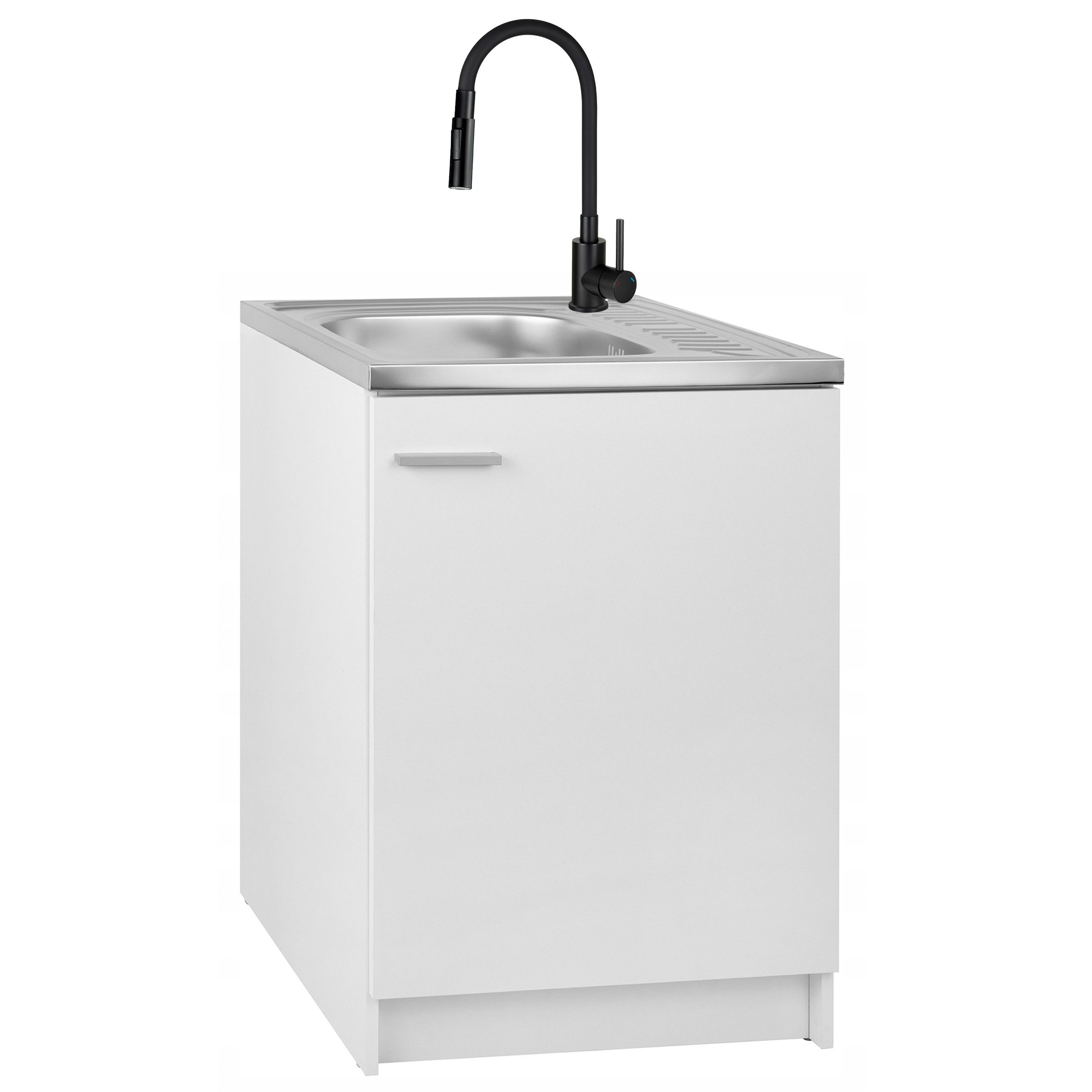 STAMAR Spülenschrank Komplettset Slim 60cm Weiß Spüle Edelstahl Deante Schwarz 2in1 Unterschrank stehend 1 Tür 60x50cm Flexarmatur 2 Strahl Siphon Set