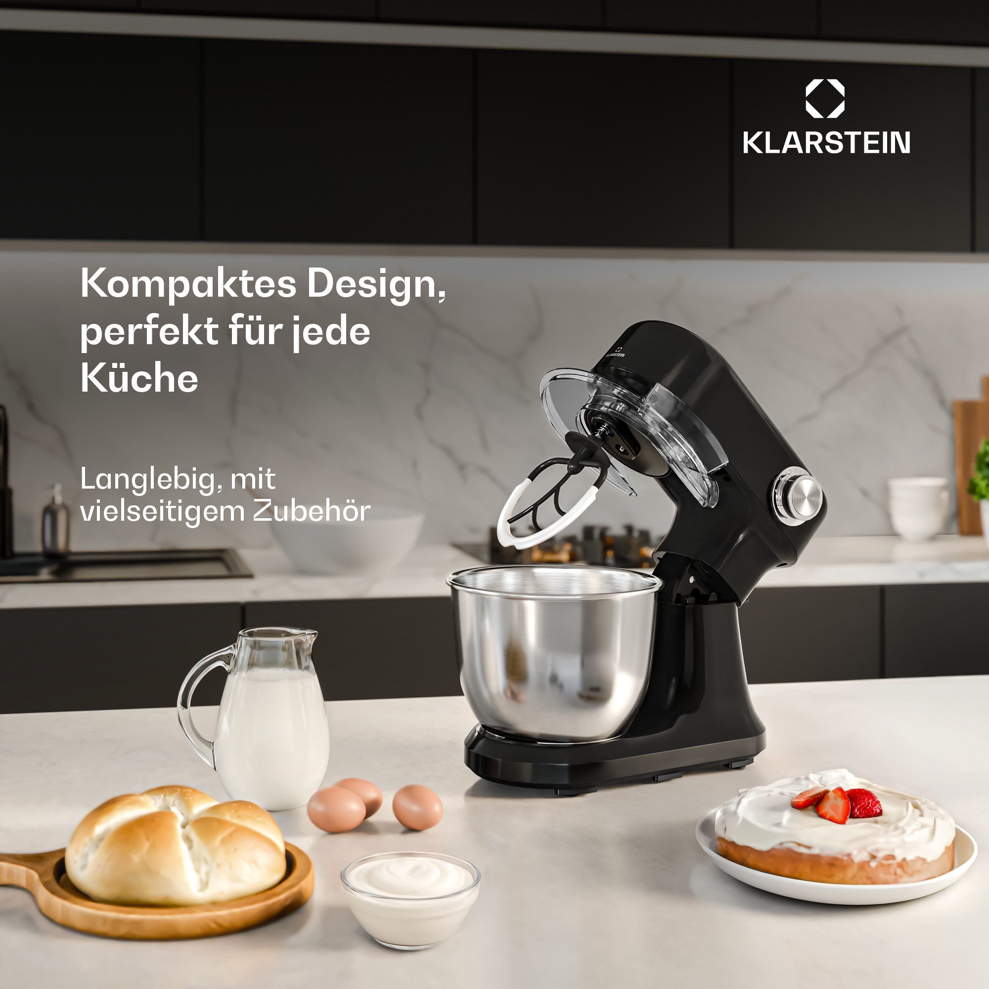 Klarstein Küchenmaschine mit Kochfunktion, 1500 W, 5 l Schüssel, Kompakt Küche maschine 5 L 12 Stufe Pulsfunktion 1500 W Schwarz