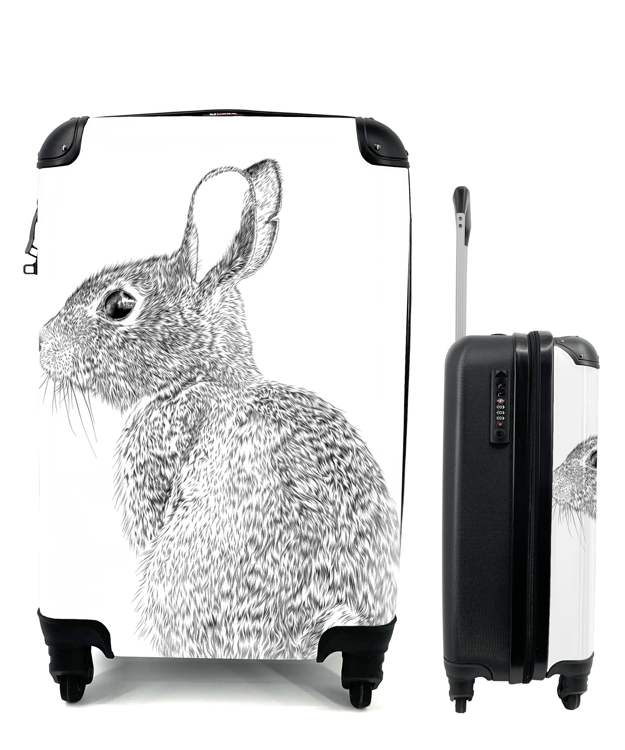 MuchoWow Handgepäckkoffer Realistisch illustriertes Kaninchen, Handgepäck Trolley, für Ferien, mit 4 rollen, Rollen, Reisetasche Reisekoffer