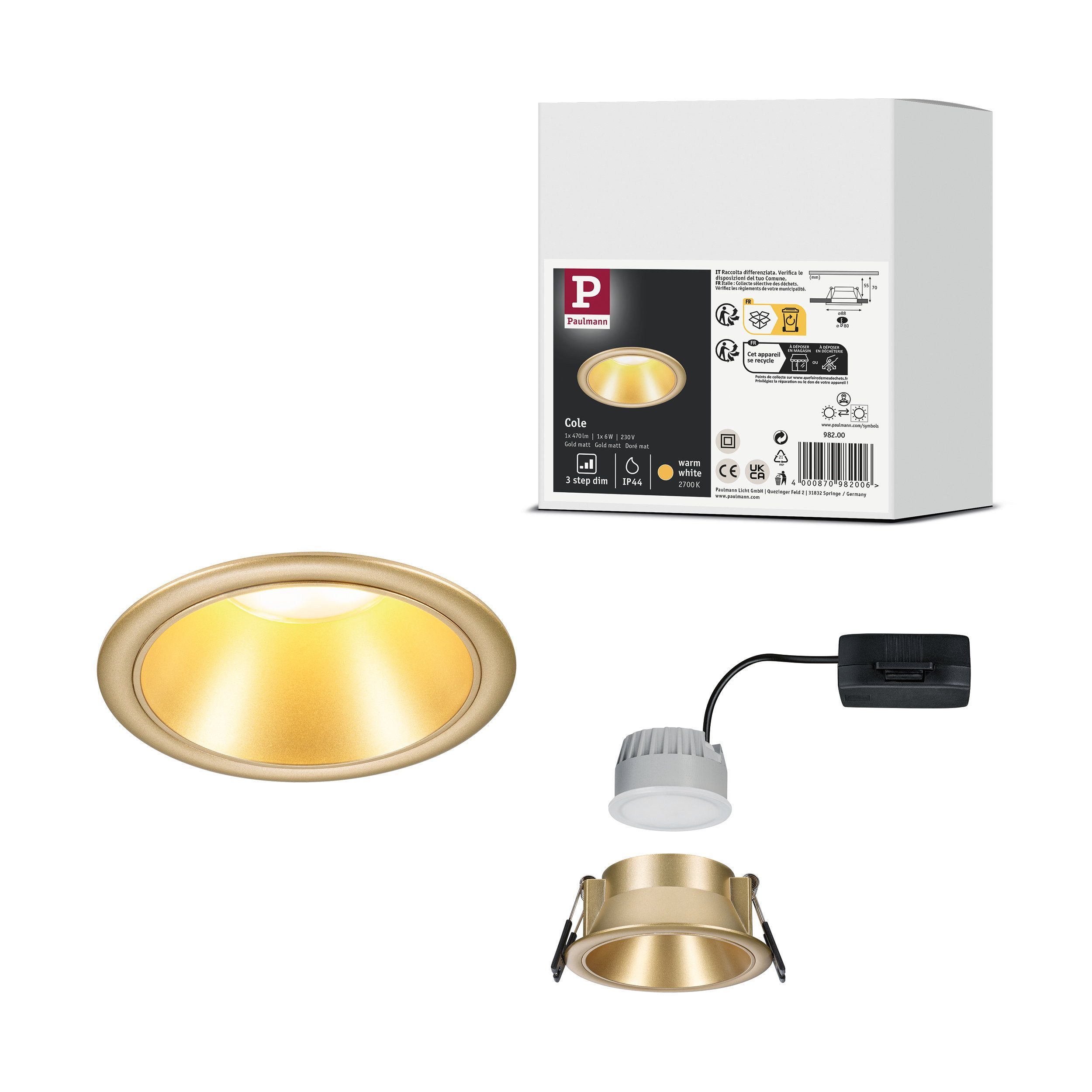 Paulmann LED Einbauleuchte LED Einbauleuchte 3-Step-Dim Cole Coin 1er-Set IP44 rund 88 mm Coin 6W