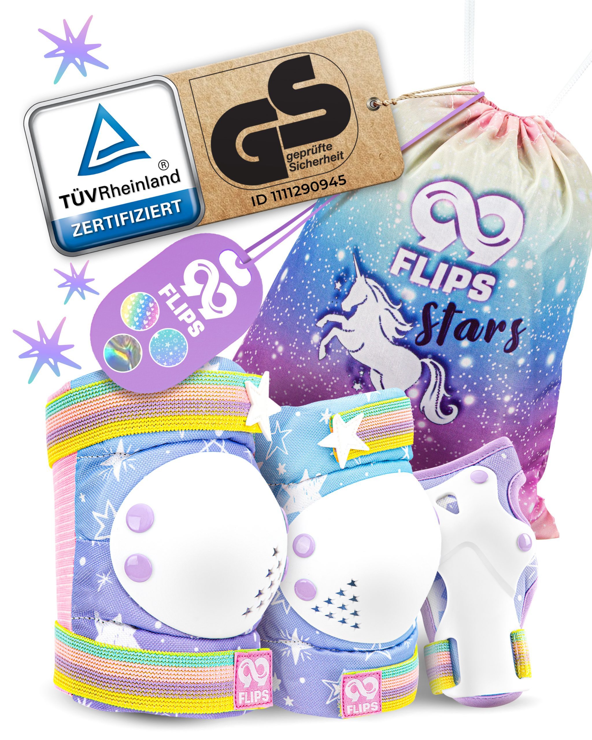 99FLIPS Protektoren-Set 3-12 Jahre - Einhorn Knieschoner Kinder Schlittschuh Schoner Set (Schützer Set Kinder für Skateboard Inline Skates Rollschuhe, 7-tlg., Knieschützer, Ellenbogen Schoner, Handschoner mit Einhorn Tasche), Schützer für kinder Mädchen K