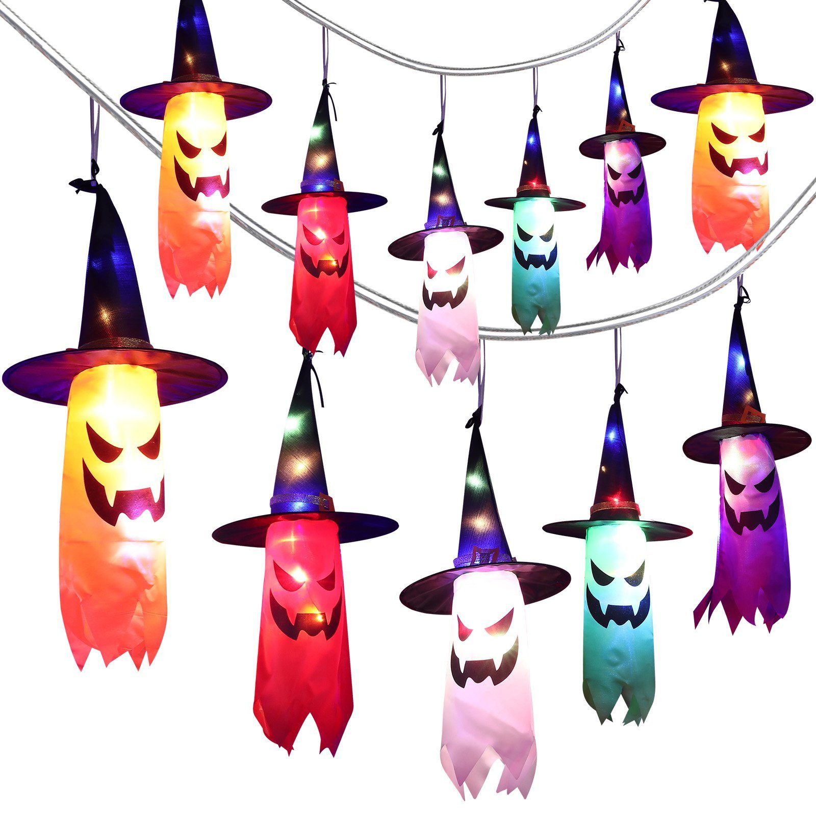 Merry 2024 Hängedekoration Halloween Deko Lichter Geister Hexenhut Halloween Lichterkette LED (2 St), Batteriebetriebene,für Halloween Garten,Hof,Zuhause,Baum Dekorationen