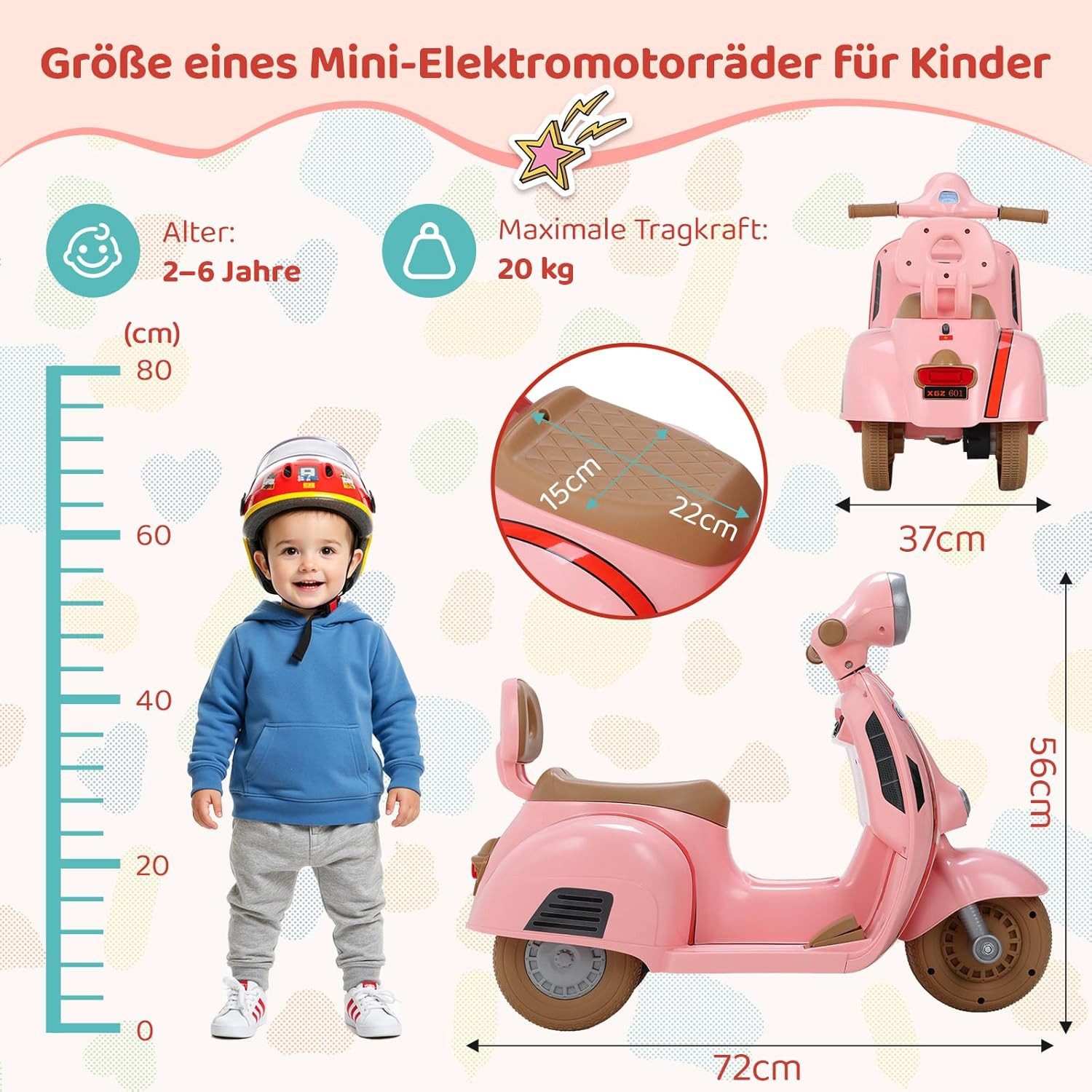 TLGREEN Elektro-Kinderquad,Kinder Elektro Motorrad 6V,2 km/h Spielmotorrad mit Musik & Licht, bis 20 kg, Dreirad für Jungen Mädchen, 72 x 56 x 37 cm