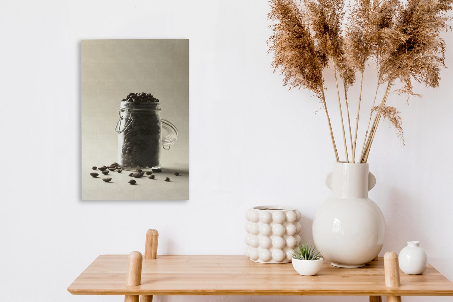 OneMillionCanvasses® Leinwandbild Kanne mit Gemälde, Kaffeebohnen, fertig Zackenaufhänger, (1 cm 20x30 bespannt inkl. Leinwandbild St)